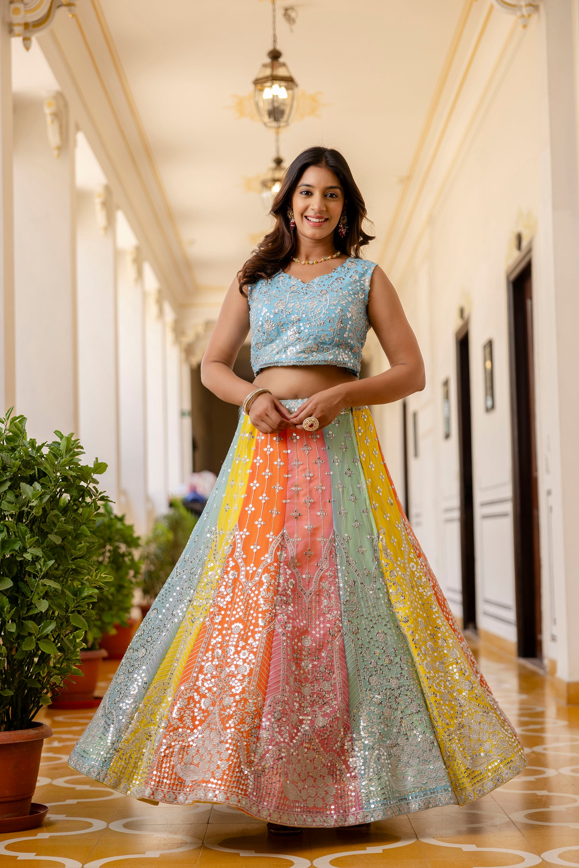 Multicolor Faux Georgette Lehenga Choli with Sequins Thread Embroidery & Net Dupatta | Festive & Wedding Wear