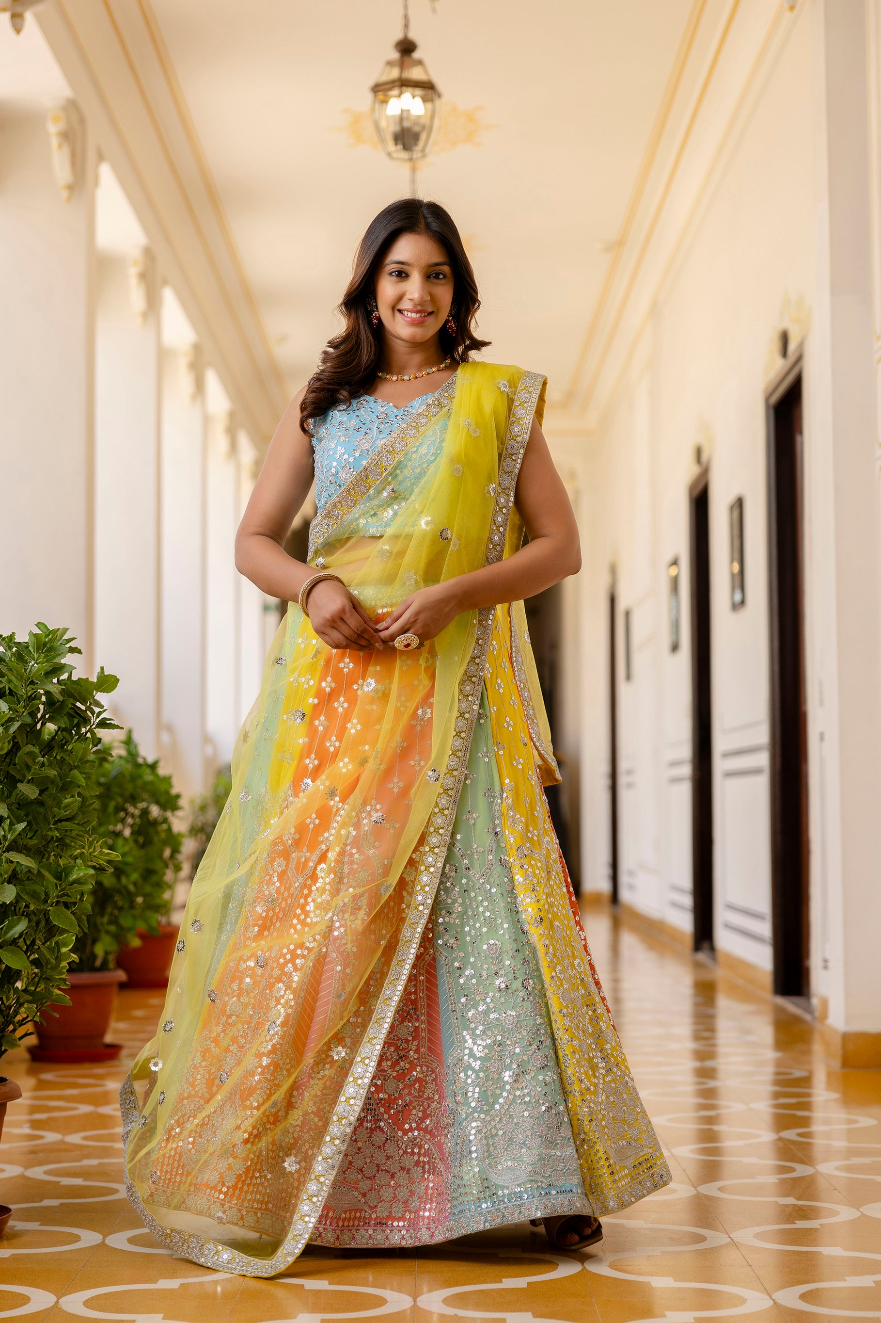 Multicolor Faux Georgette Lehenga Choli with Sequins Thread Embroidery & Net Dupatta | Festive & Wedding Wear