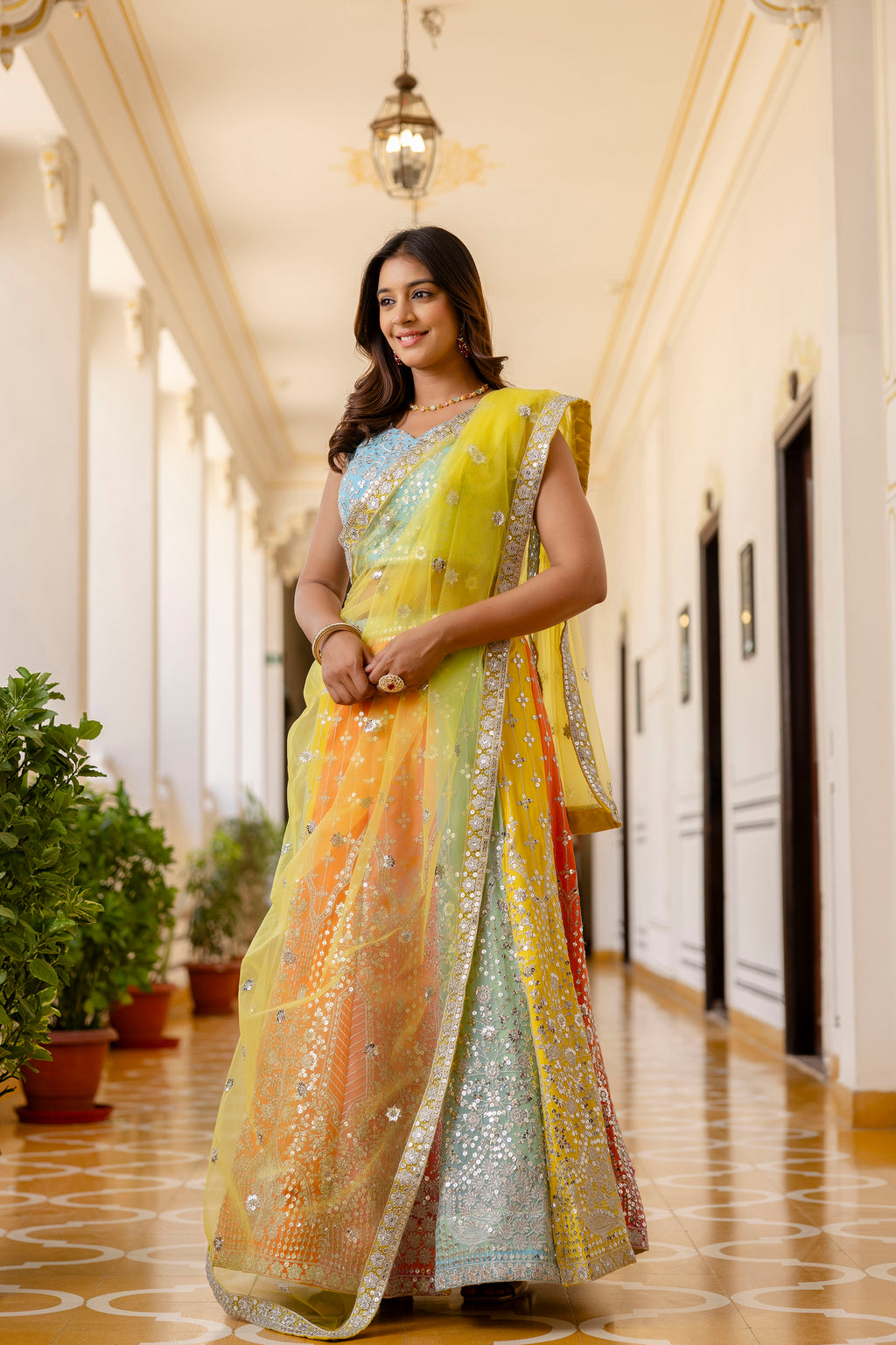 Multicolor Faux Georgette Lehenga Choli with Sequins Thread Embroidery & Net Dupatta | Festive & Wedding Wear