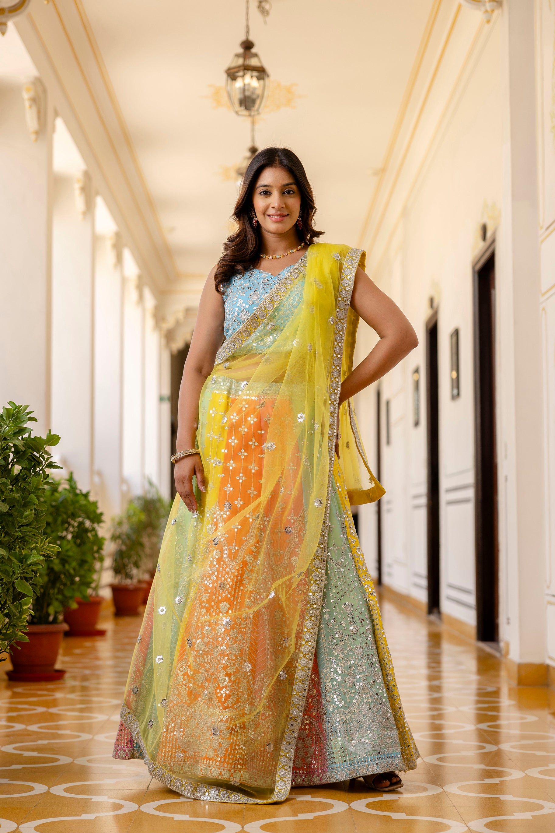 Multicolor Faux Georgette Lehenga Choli with Sequins Thread Embroidery & Net Dupatta | Festive & Wedding Wear