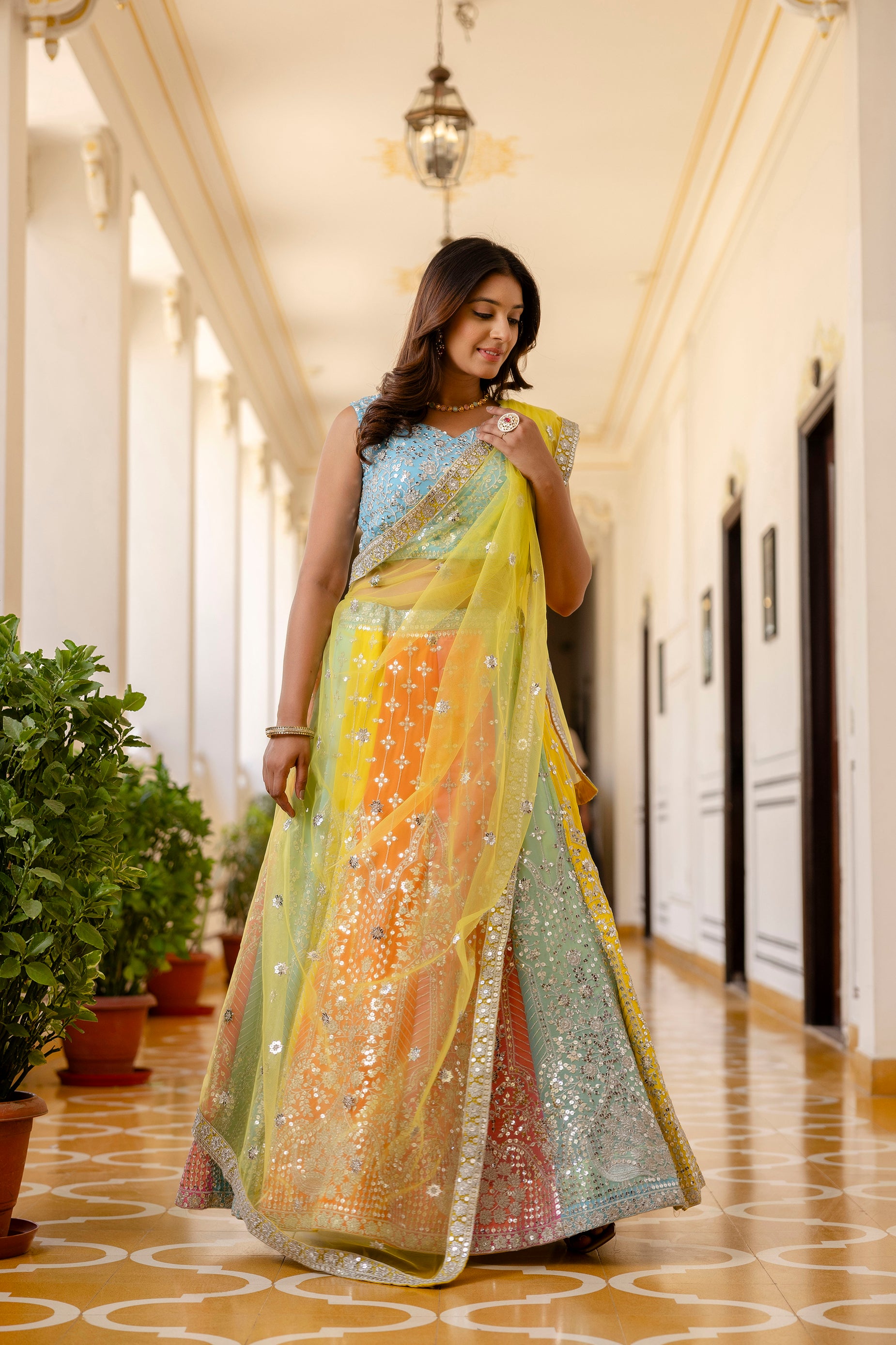 Multicolor Faux Georgette Lehenga Choli with Sequins Thread Embroidery & Net Dupatta | Festive & Wedding Wear