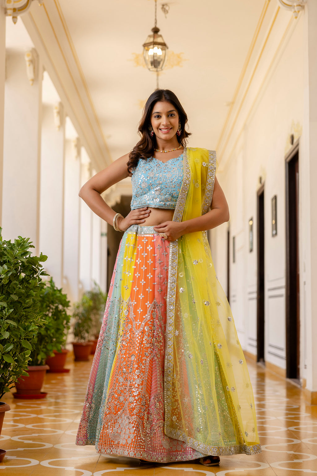 Multicolor Faux Georgette Lehenga Choli with Sequins Thread Embroidery & Net Dupatta | Festive & Wedding Wear