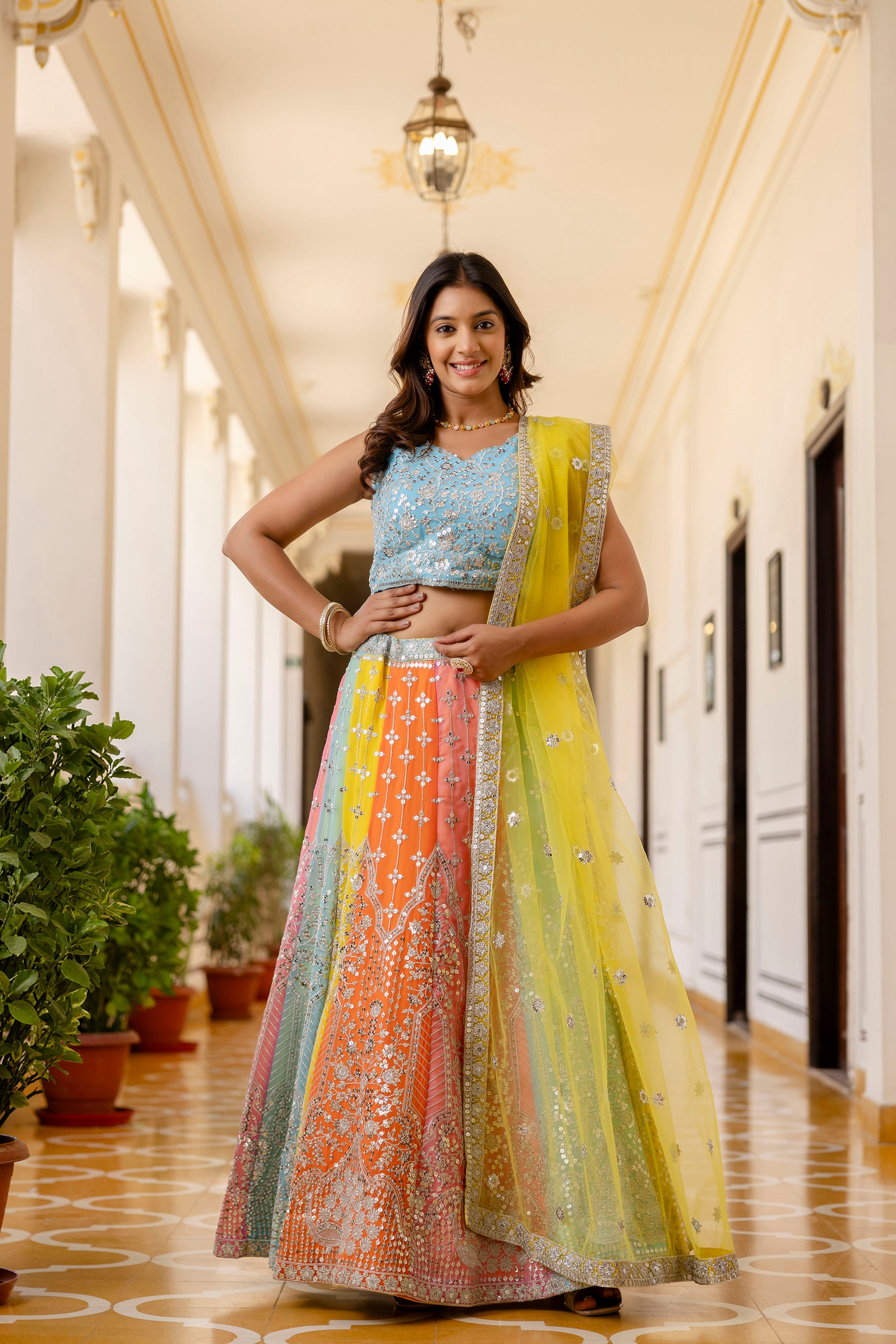Multicolor Faux Georgette Lehenga Choli with Sequins Thread Embroidery & Net Dupatta | Festive & Wedding Wear