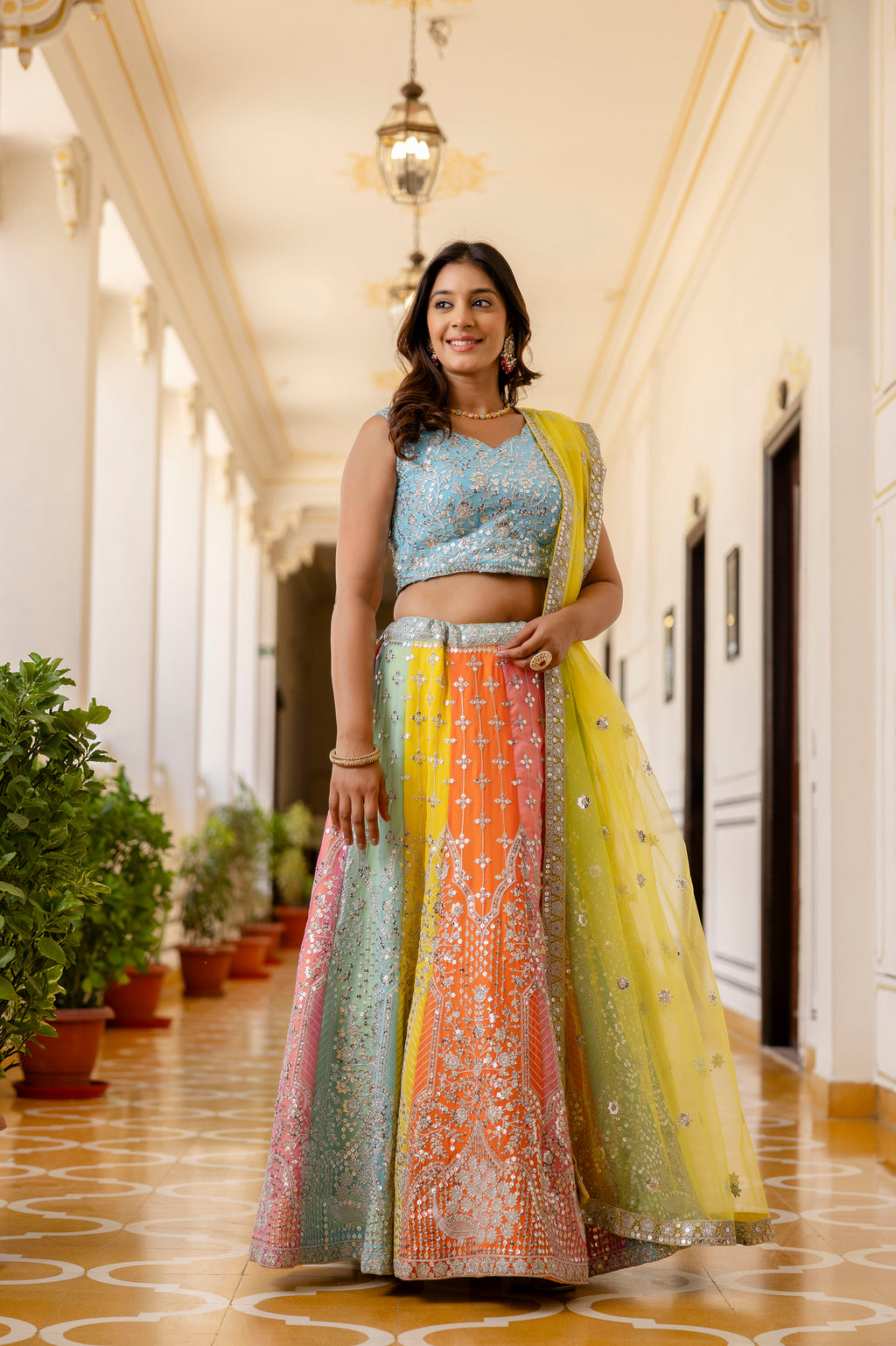 Multicolor Faux Georgette Lehenga Choli with Sequins Thread Embroidery & Net Dupatta | Festive & Wedding Wear