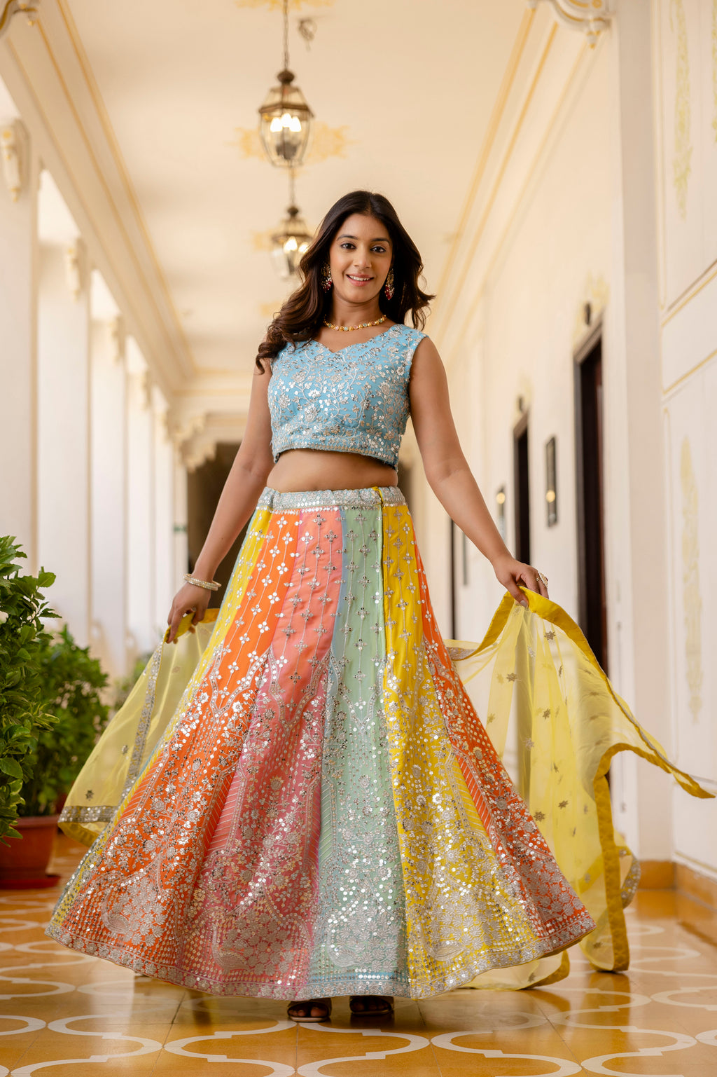 Multicolor Faux Georgette Lehenga Choli with Sequins Thread Embroidery & Net Dupatta | Festive & Wedding Wear