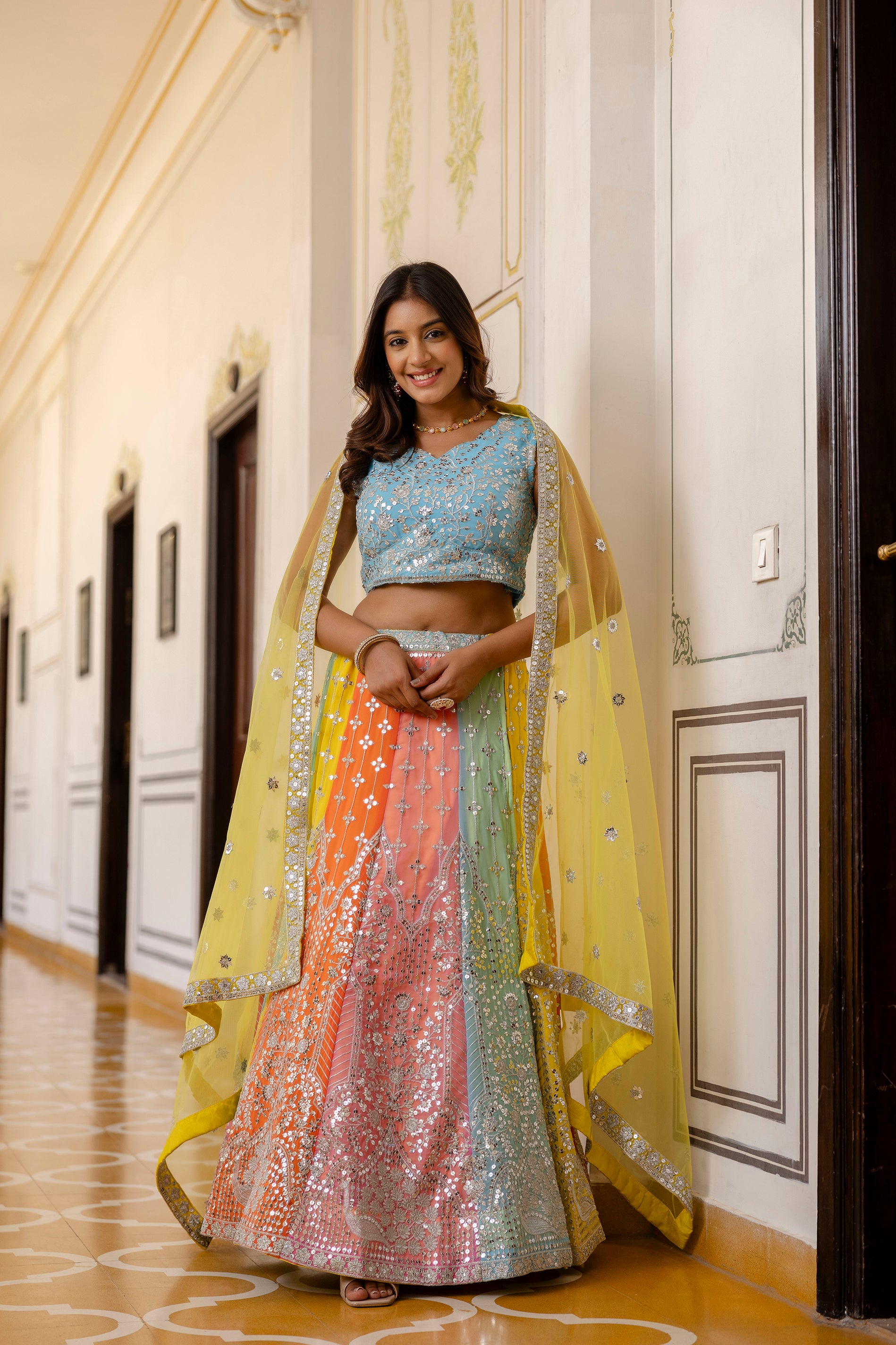 Multicolor Faux Georgette Lehenga Choli with Sequins Thread Embroidery & Net Dupatta | Festive & Wedding Wear