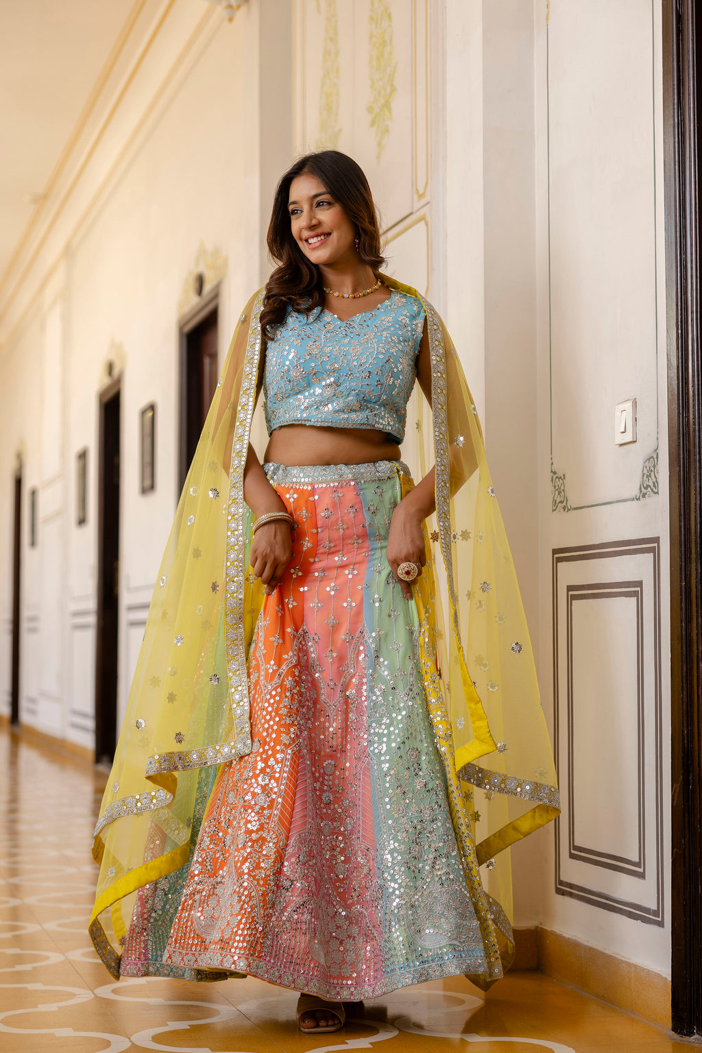 Multicolor Faux Georgette Lehenga Choli with Sequins Thread Embroidery & Net Dupatta | Festive & Wedding Wear