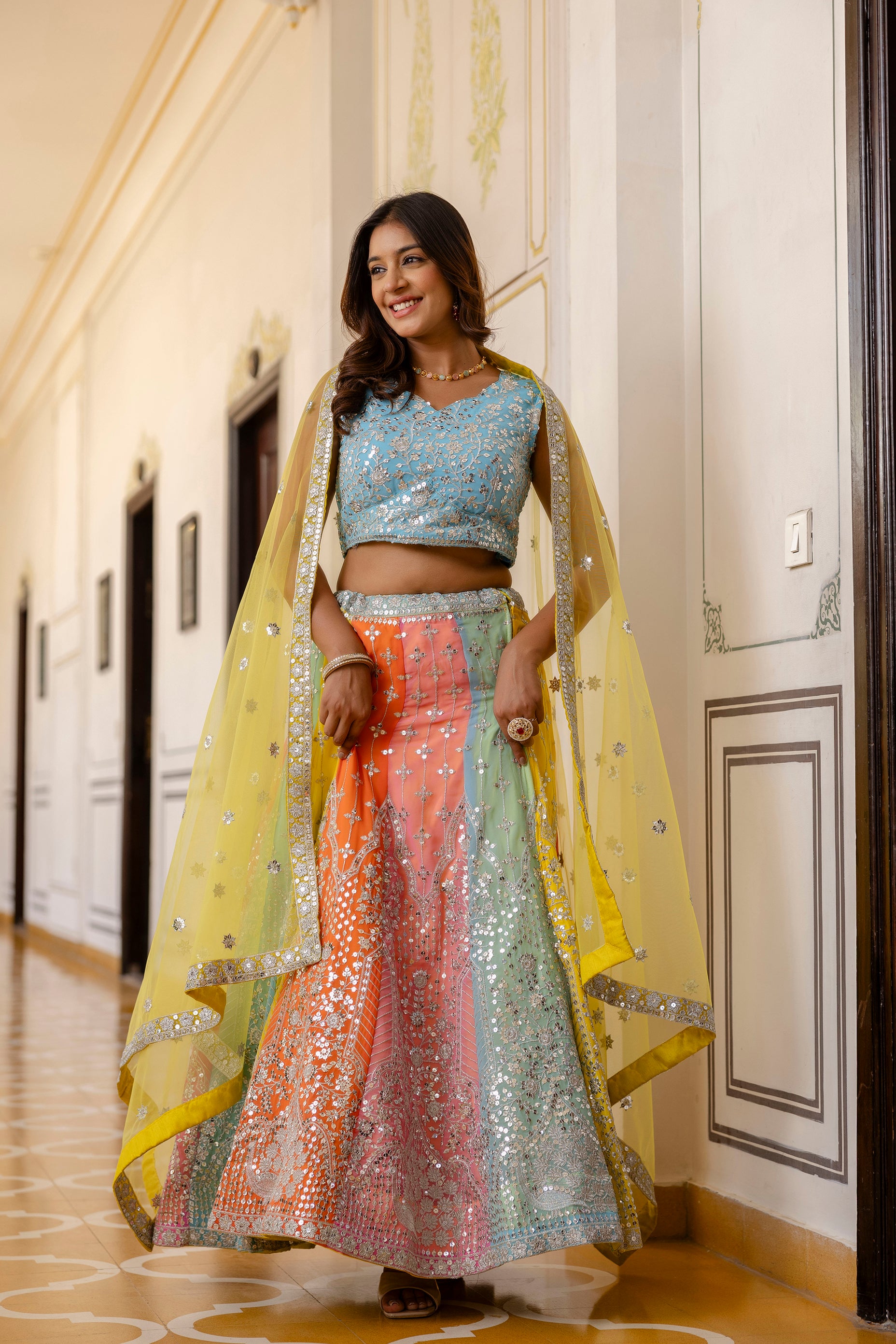 Multicolor Faux Georgette Lehenga Choli with Sequins Thread Embroidery & Net Dupatta | Festive & Wedding Wear