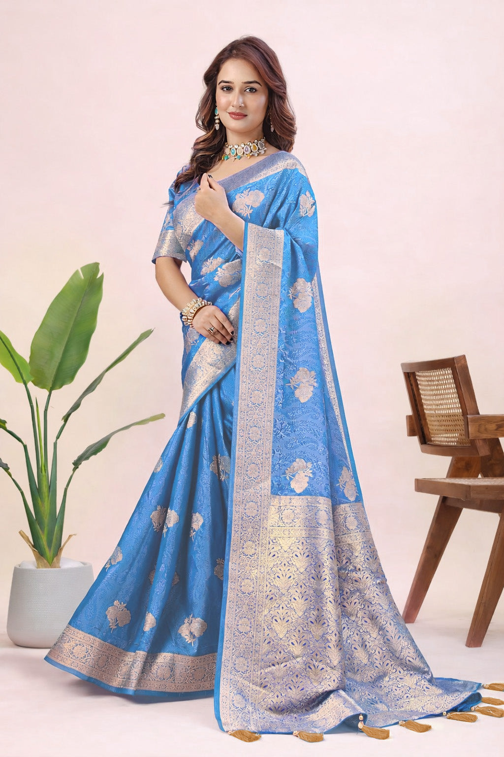 Women's Pink Banarasi Jacquard Silk Saree with Gold Woven Design & Blouse Piece