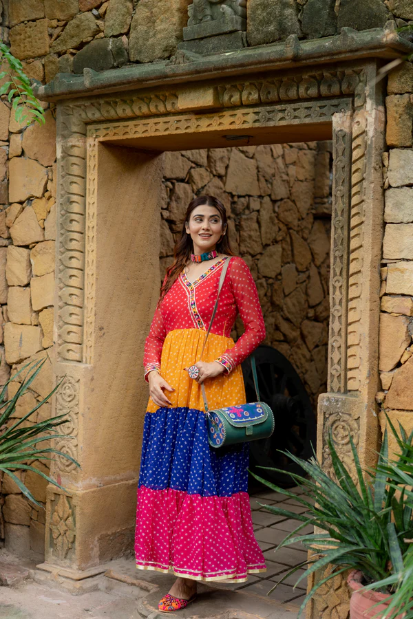 Women's Bandhani Printed Anarkali Gown with V-Neck | Long Sleeve Flared Ethnic Maxi Dress | Festive & Casual Wear