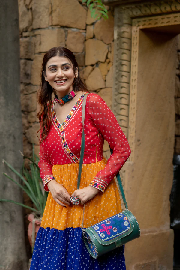Women's Bandhani Printed Anarkali Gown with V-Neck | Long Sleeve Flared Ethnic Maxi Dress | Festive & Casual Wear