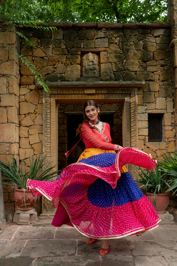 Women's Bandhani Printed Anarkali Gown with V-Neck | Long Sleeve Flared Ethnic Maxi Dress | Festive & Casual Wear