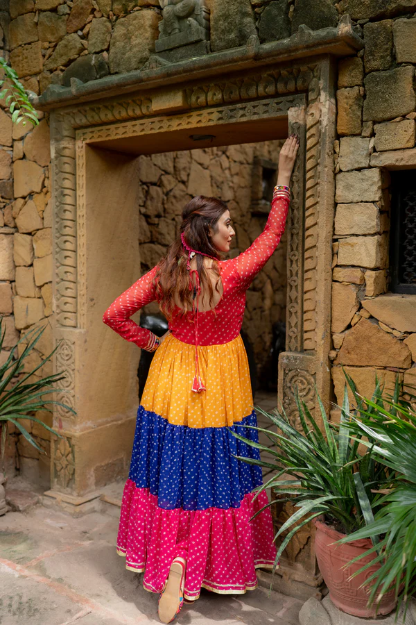 Women's Bandhani Printed Anarkali Gown with V-Neck | Long Sleeve Flared Ethnic Maxi Dress | Festive & Casual Wear