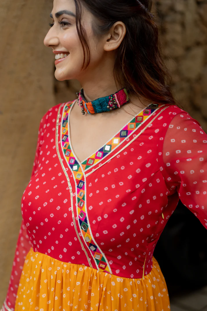 Women's Bandhani Printed Anarkali Gown with V-Neck | Long Sleeve Flared Ethnic Maxi Dress | Festive & Casual Wear