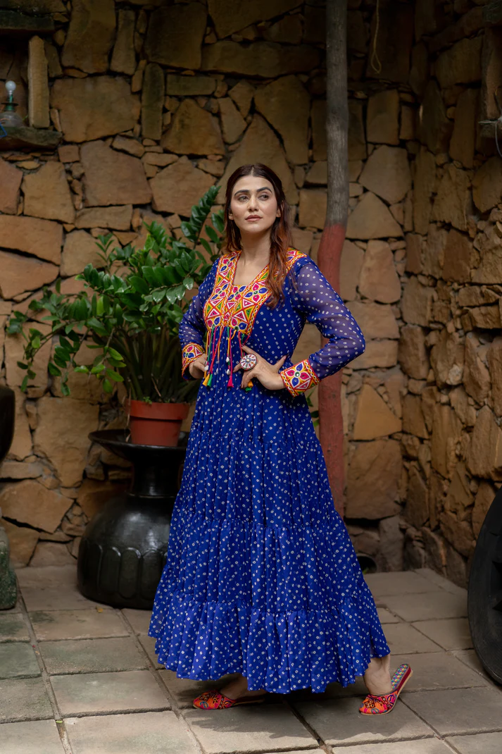 Women's Designer Georgette Anarkali Gown | Printed Long Dress with Embroidered Neck, Full Sleeves & Flared Pattern for Ethnic Wear
