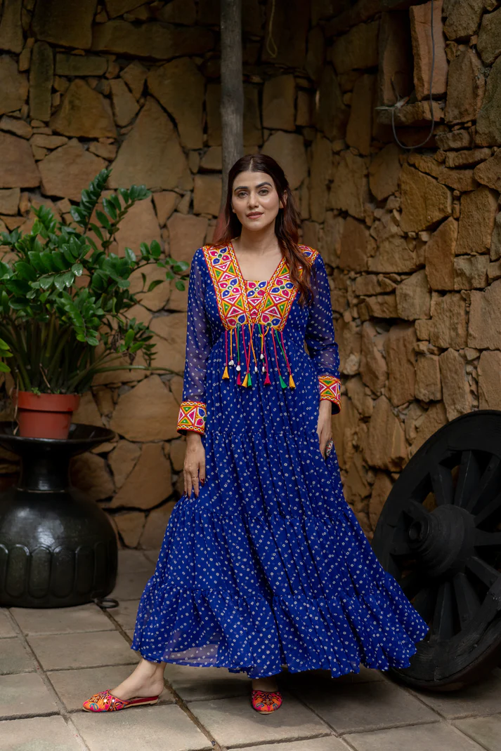 Women's Designer Georgette Anarkali Gown | Printed Long Dress with Embroidered Neck, Full Sleeves & Flared Pattern for Ethnic Wear