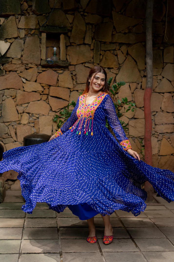 Women's Designer Georgette Anarkali Gown | Printed Long Dress with Embroidered Neck, Full Sleeves & Flared Pattern for Ethnic Wear
