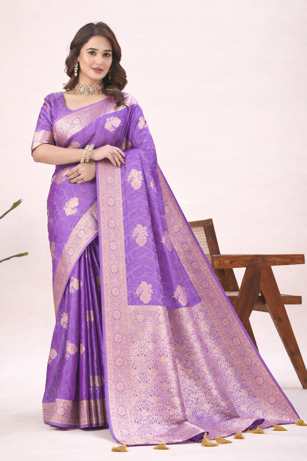 Women's Pink Banarasi Jacquard Silk Saree with Gold Woven Design & Blouse Piece