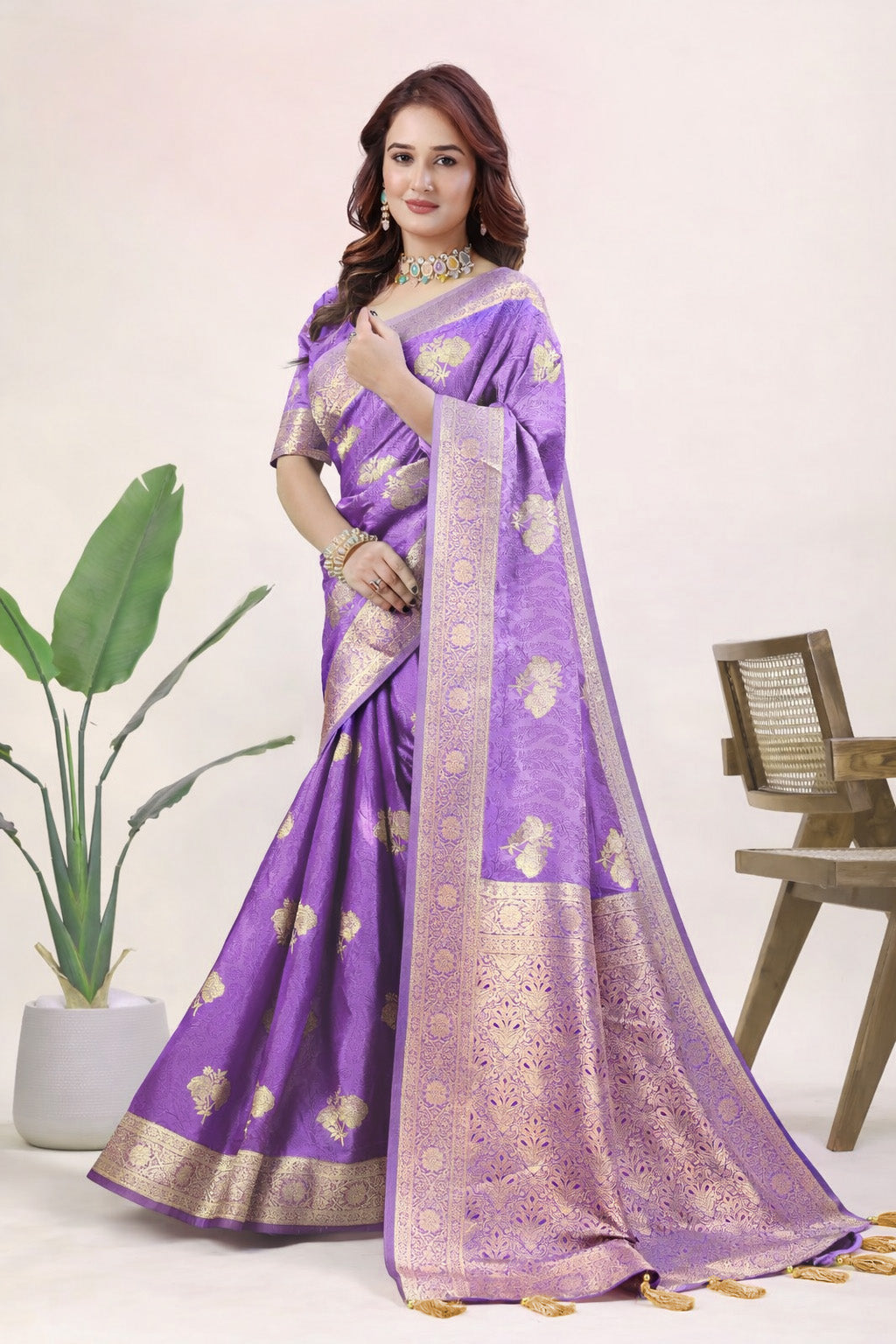 Women's Pink Banarasi Jacquard Silk Saree with Gold Woven Design & Blouse Piece