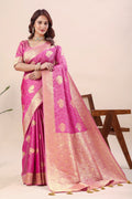 Women's Pink Banarasi Jacquard Silk Saree with Gold Woven Design & Blouse Piece