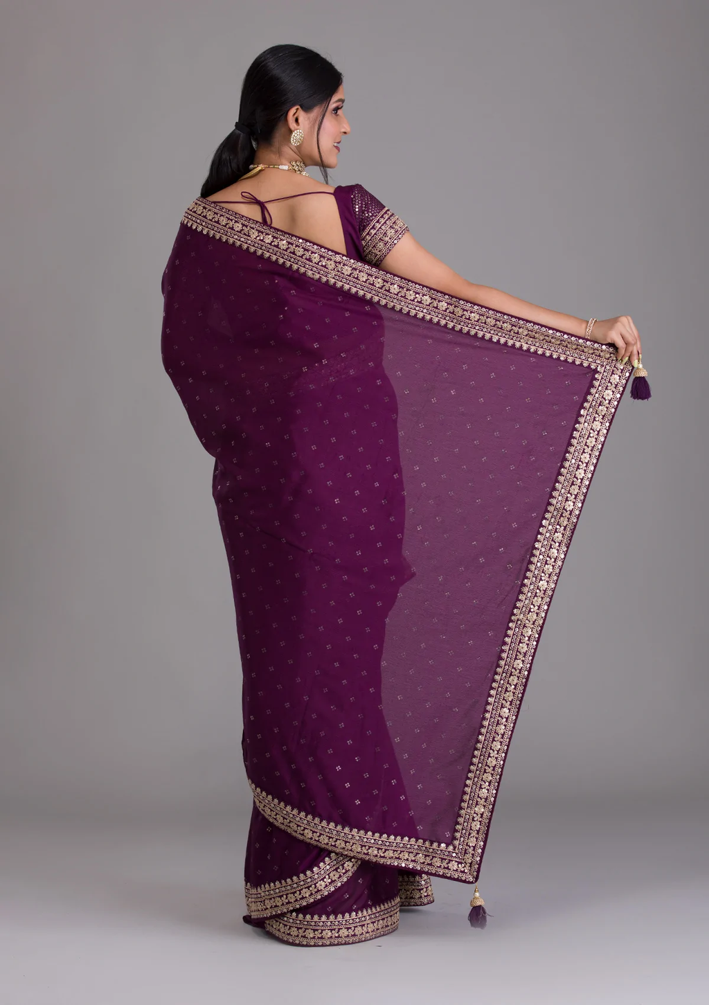 Wine Kasturi Silk Saree with Zari, Dori, Sequins & Foil Work | Party Wear Designer Saree for Women