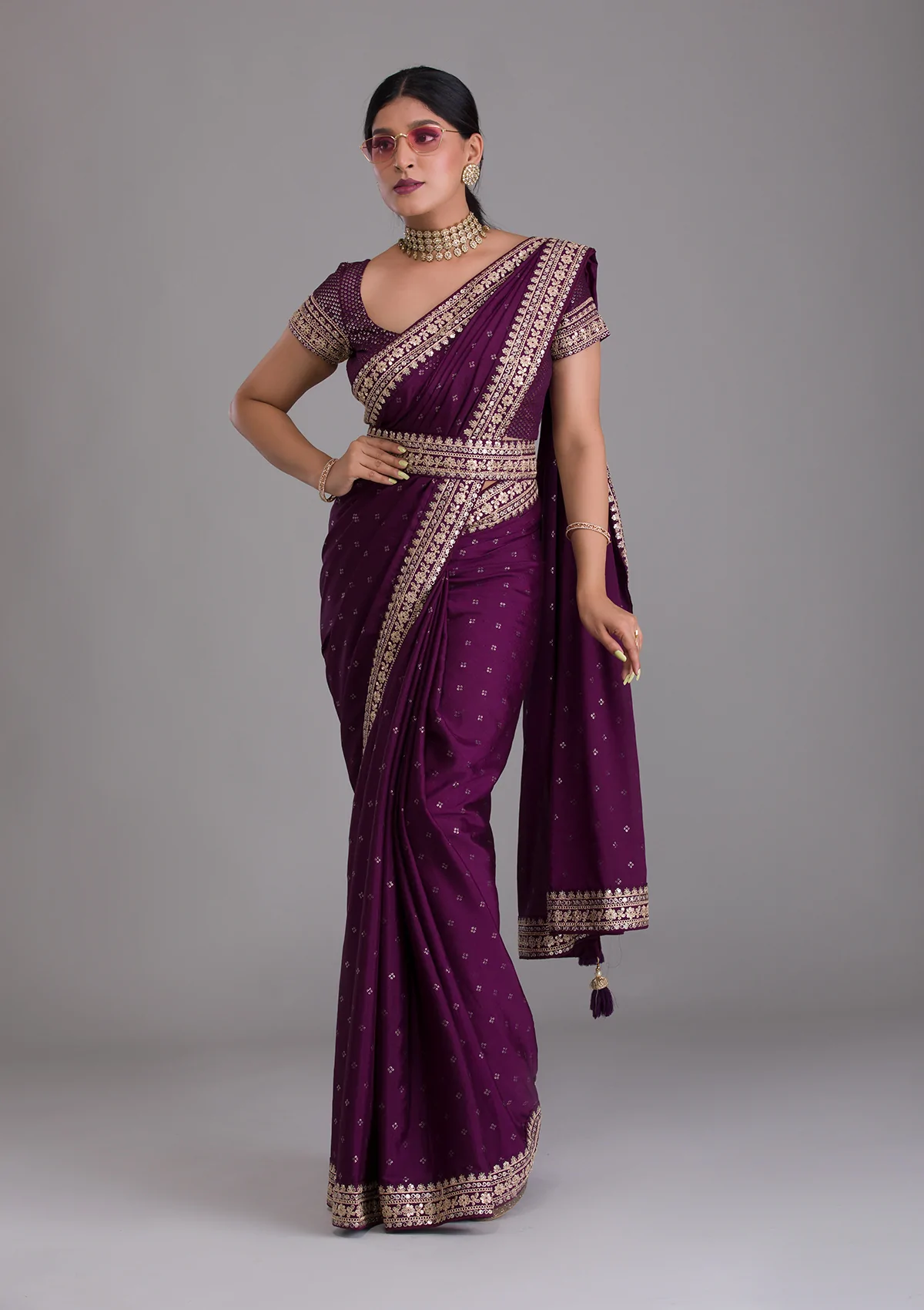Wine Kasturi Silk Saree with Zari, Dori, Sequins & Foil Work | Party Wear Designer Saree for Women