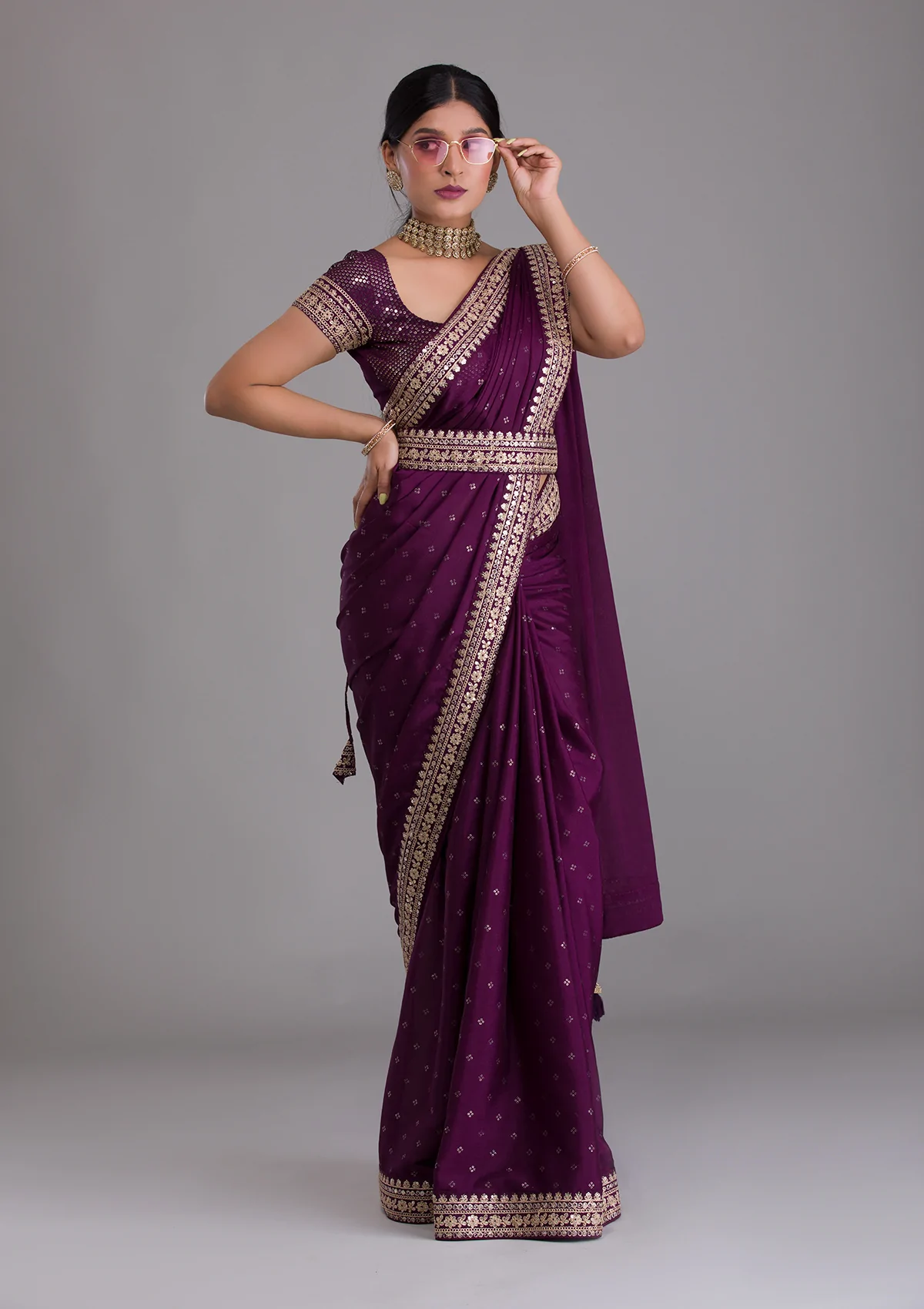 Wine Kasturi Silk Saree with Zari, Dori, Sequins & Foil Work | Party Wear Designer Saree for Women