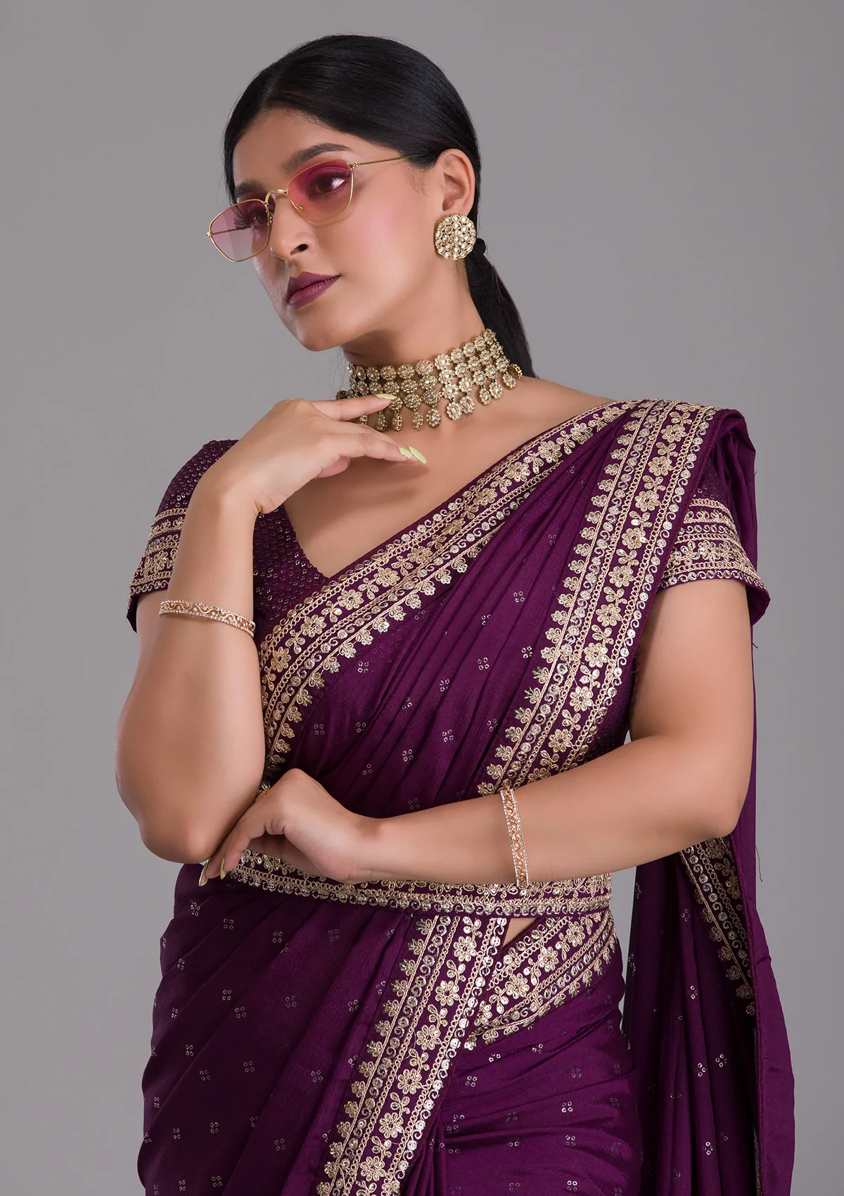 Wine Kasturi Silk Saree with Zari, Dori, Sequins & Foil Work | Party Wear Designer Saree for Women