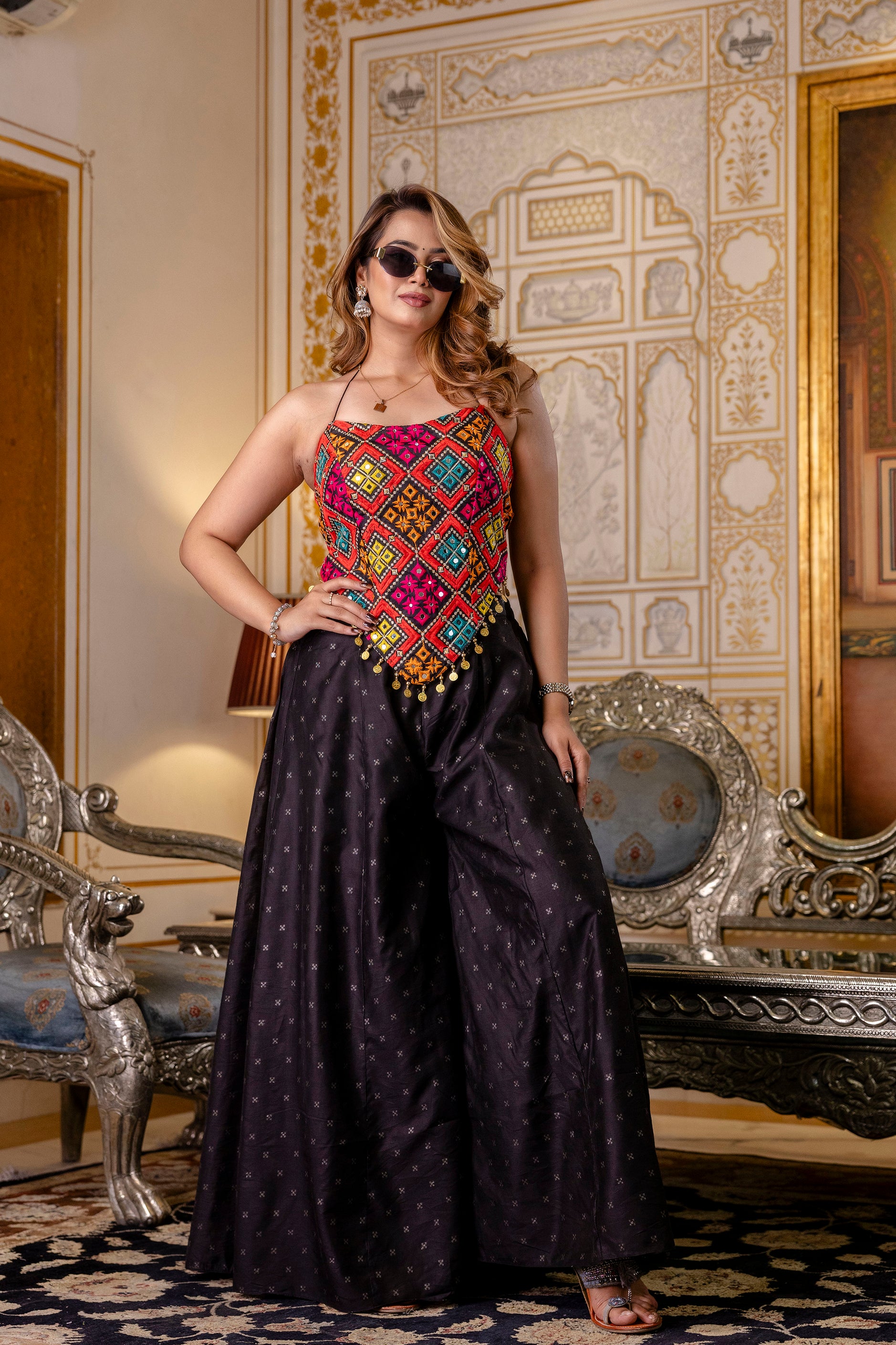 Women's Bangalori Silk Embroidered Mirror Work Crop Top with Pure Butti Palazzo Set | Party Wear, Festive, Wedding, Ethnic Co-Ord Set