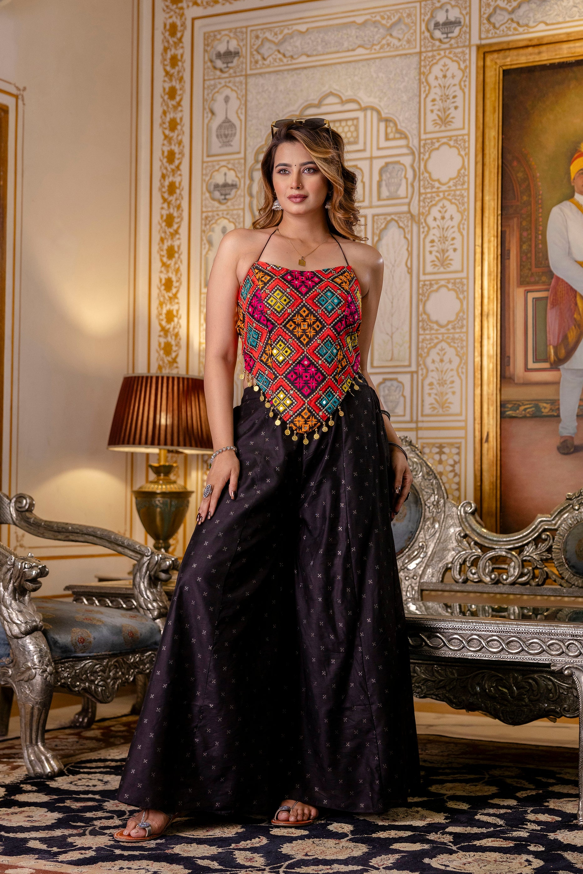 Women's Bangalori Silk Embroidered Mirror Work Crop Top with Pure Butti Palazzo Set | Party Wear, Festive, Wedding, Ethnic Co-Ord Set