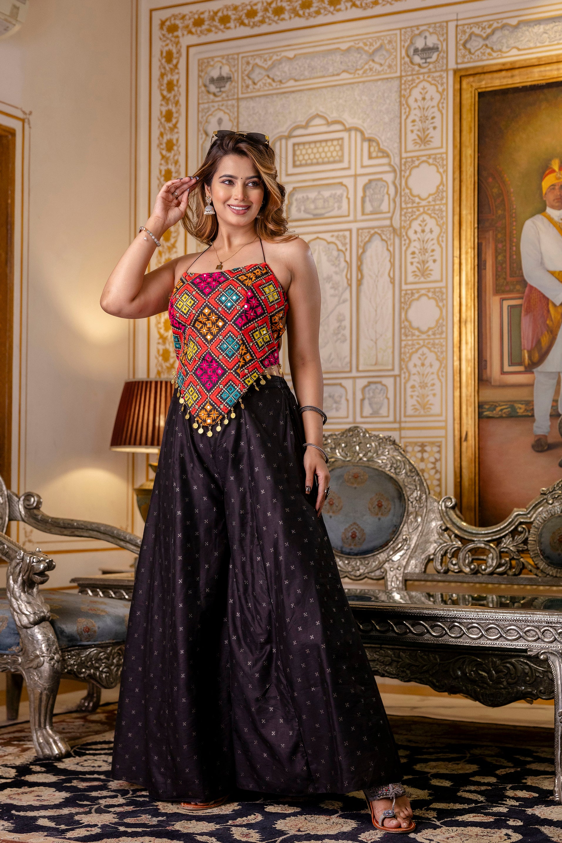 Women's Bangalori Silk Embroidered Mirror Work Crop Top with Pure Butti Palazzo Set | Party Wear, Festive, Wedding, Ethnic Co-Ord Set