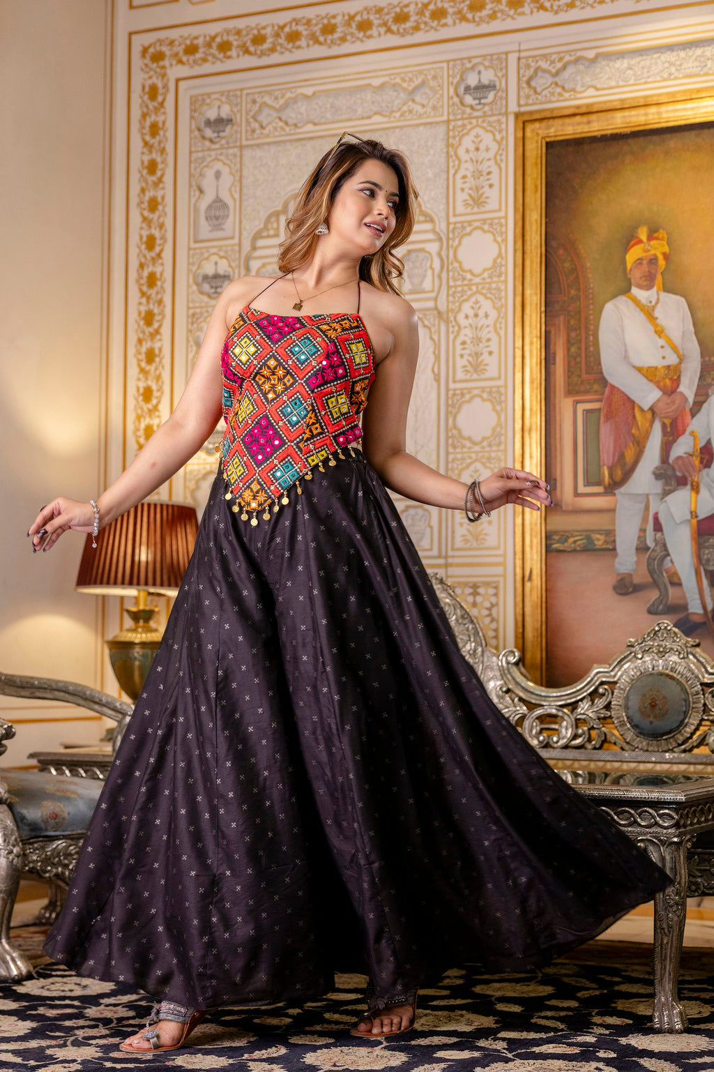 Women's Bangalori Silk Embroidered Mirror Work Crop Top with Pure Butti Palazzo Set | Party Wear, Festive, Wedding, Ethnic Co-Ord Set