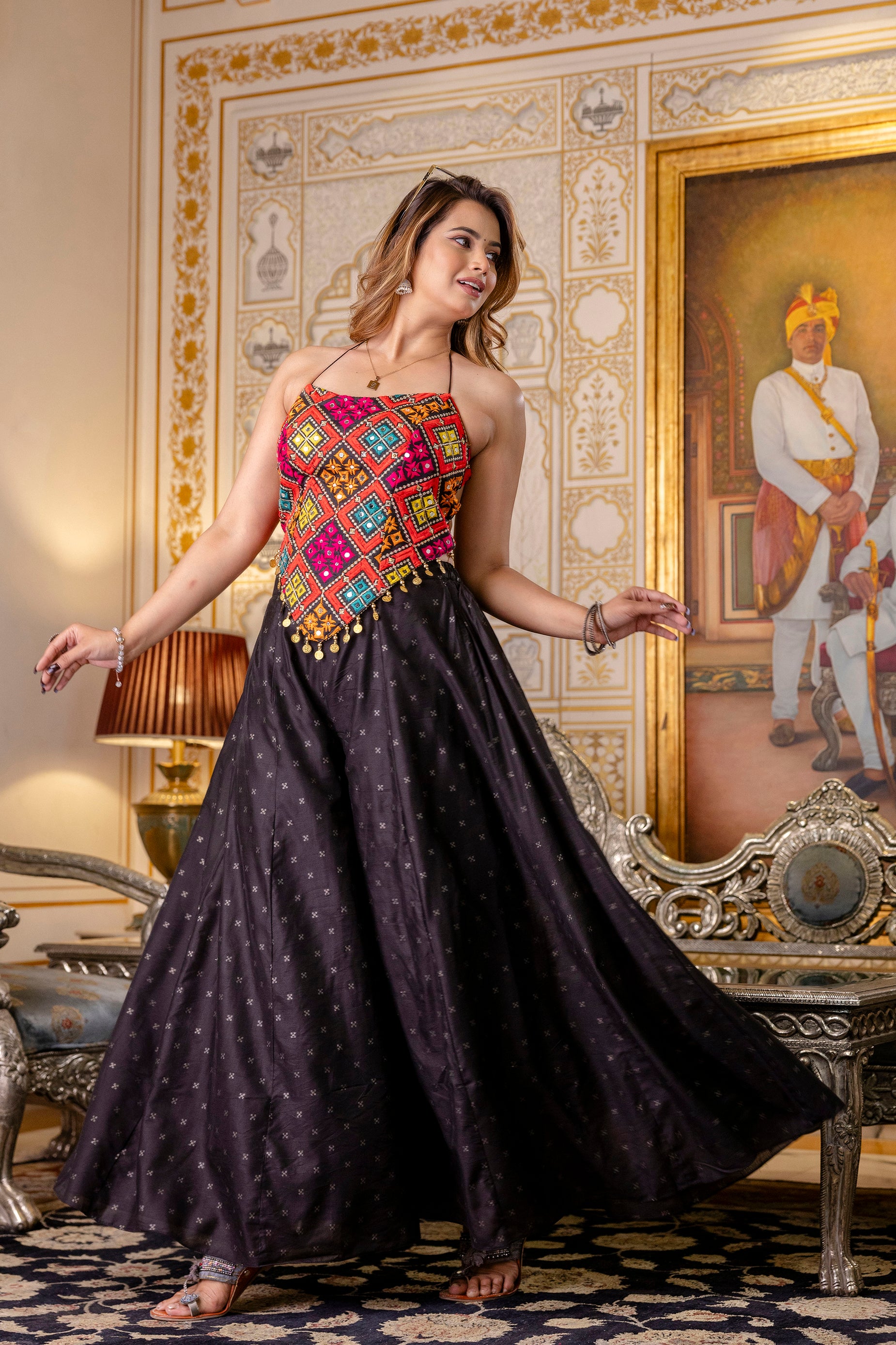 Women's Bangalori Silk Embroidered Mirror Work Crop Top with Pure Butti Palazzo Set | Party Wear, Festive, Wedding, Ethnic Co-Ord Set