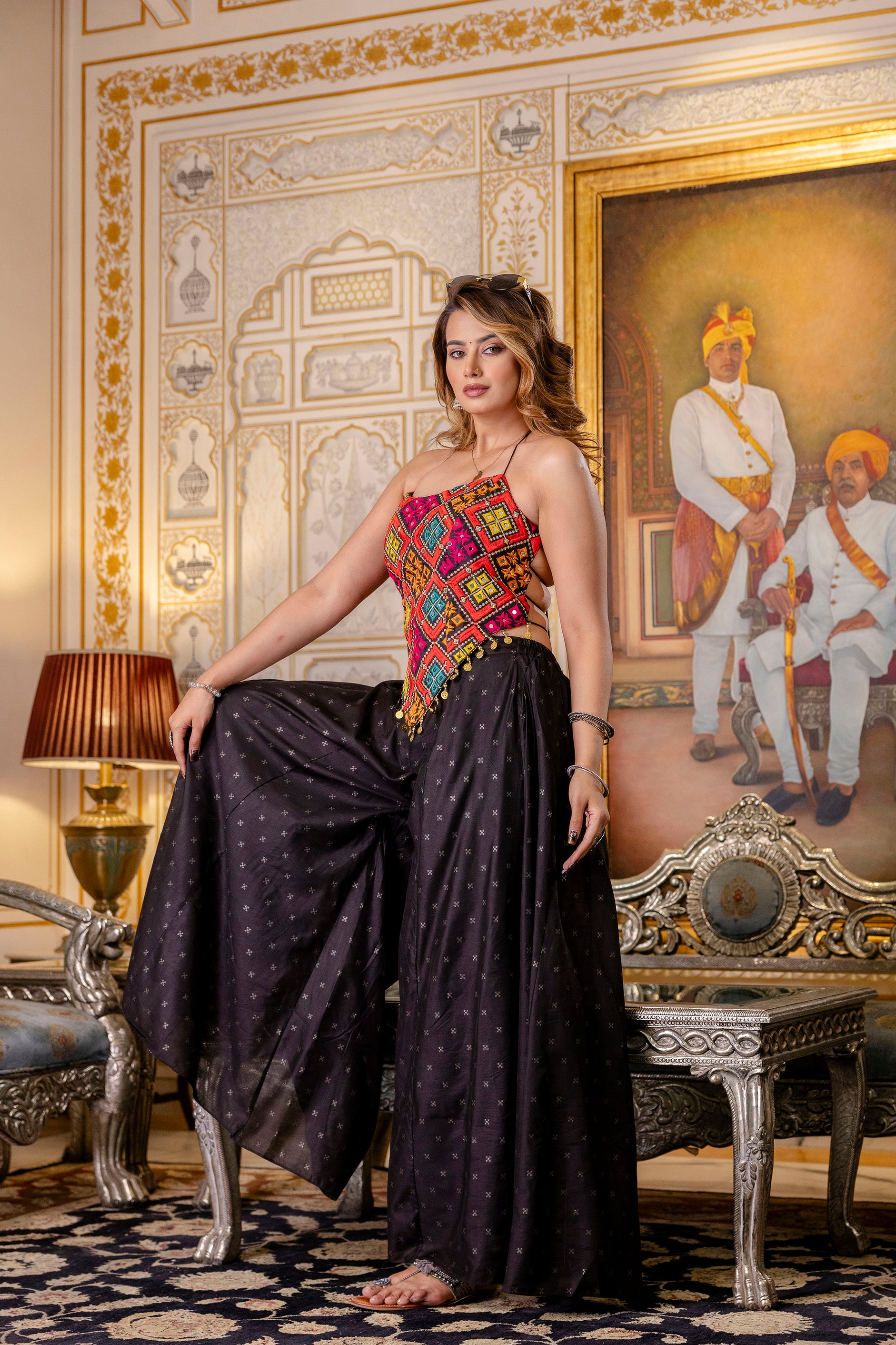 Women's Bangalori Silk Embroidered Mirror Work Crop Top with Pure Butti Palazzo Set | Party Wear, Festive, Wedding, Ethnic Co-Ord Set
