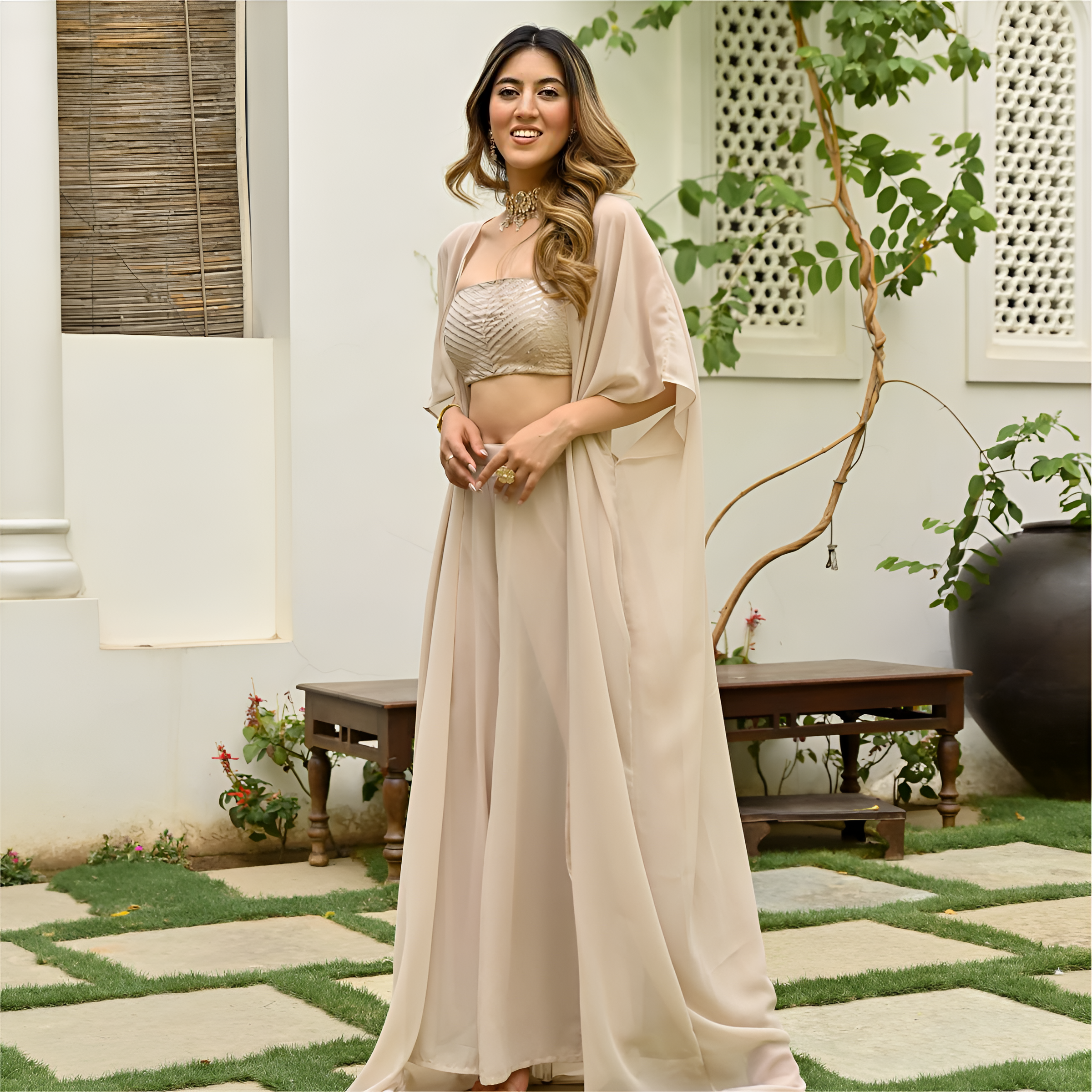 Women Beige Georgette Co-Ord Set with Jacket | Plain Gota Work Palazzo Set for Women