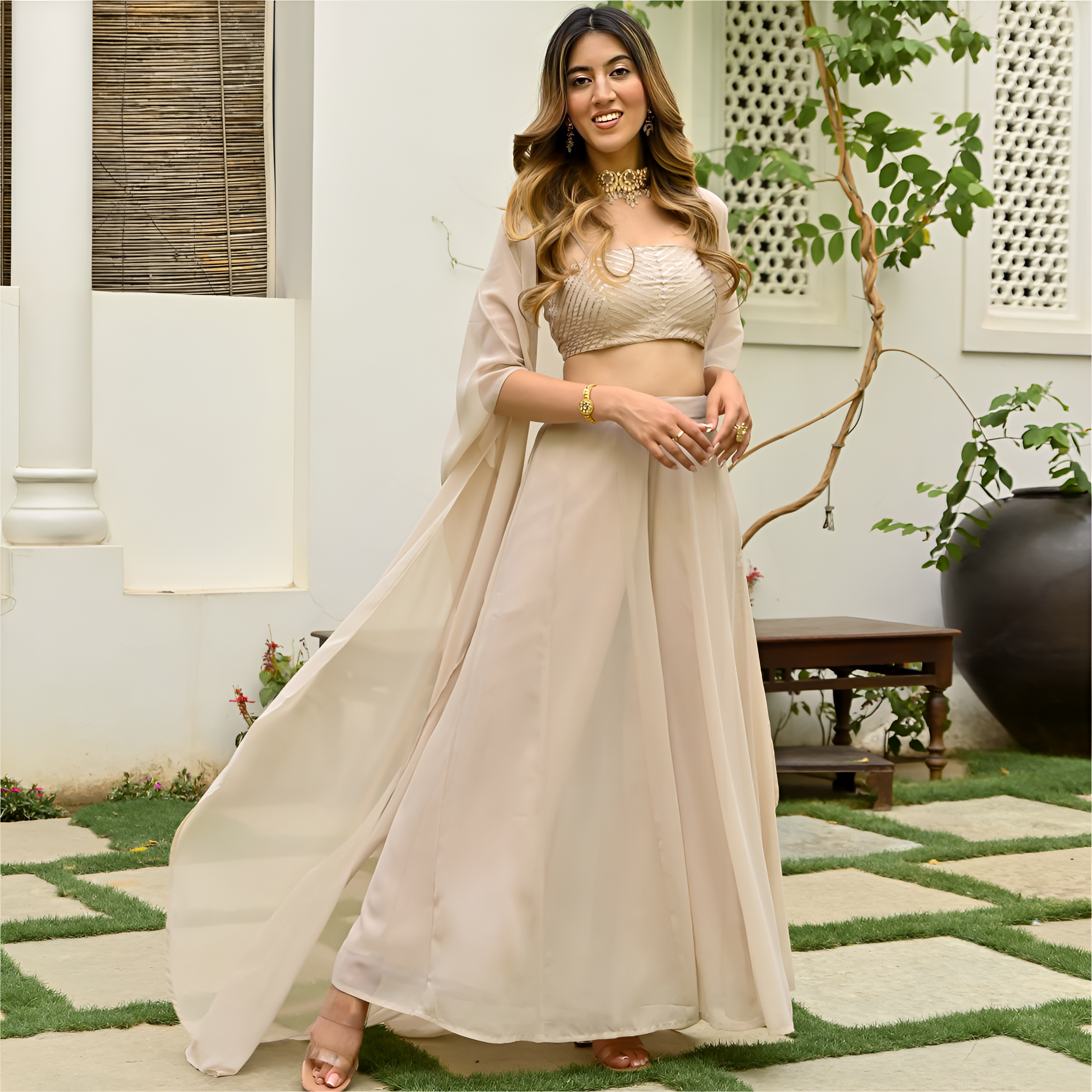Women Beige Georgette Co-Ord Set with Jacket | Plain Gota Work Palazzo Set for Women