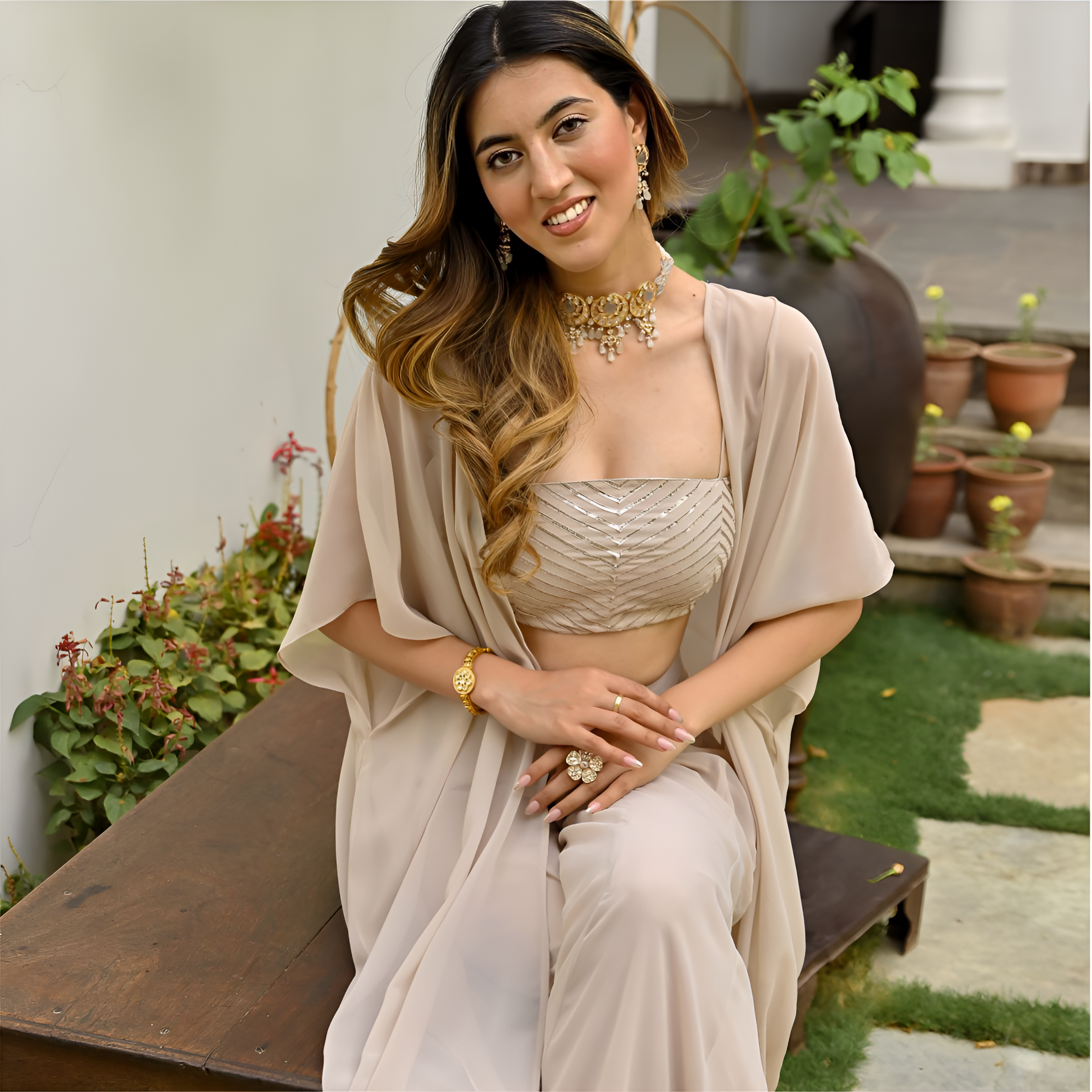 Women Beige Georgette Co-Ord Set with Jacket | Plain Gota Work Palazzo Set for Women