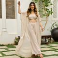 Women Beige Georgette Co-Ord Set with Jacket | Plain Gota Work Palazzo Set for Women