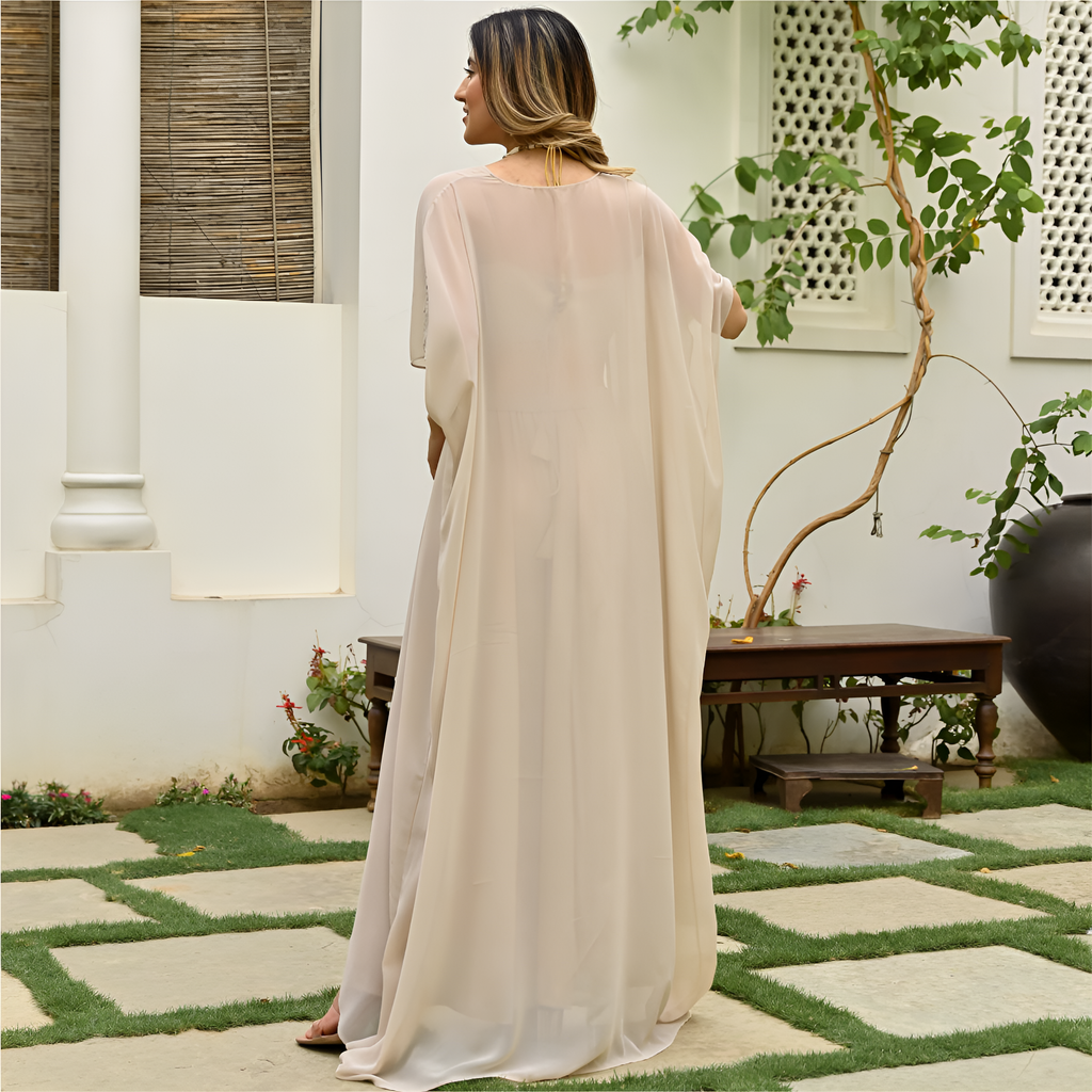 Women Beige Georgette Co-Ord Set with Jacket | Plain Gota Work Palazzo Set for Women