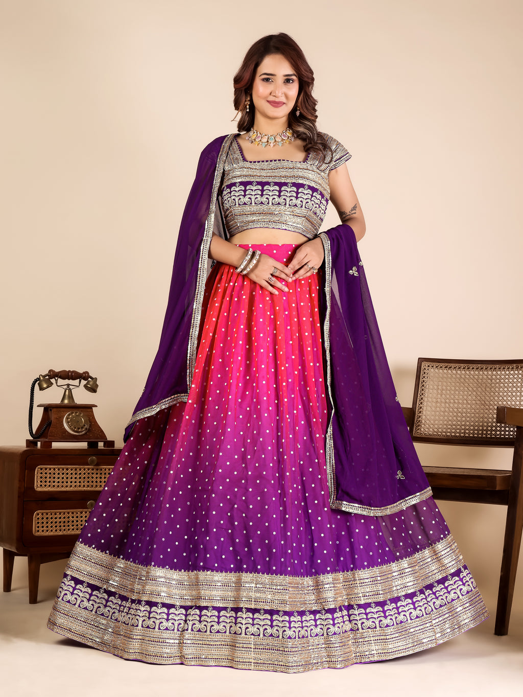 Designer Pink Purple Ombre Lehenga Choli with Sequins Embroidery