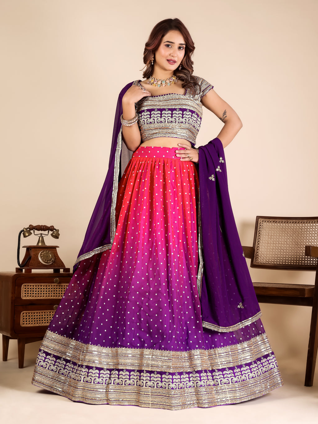 Designer Pink Purple Ombre Lehenga Choli with Sequins Embroidery