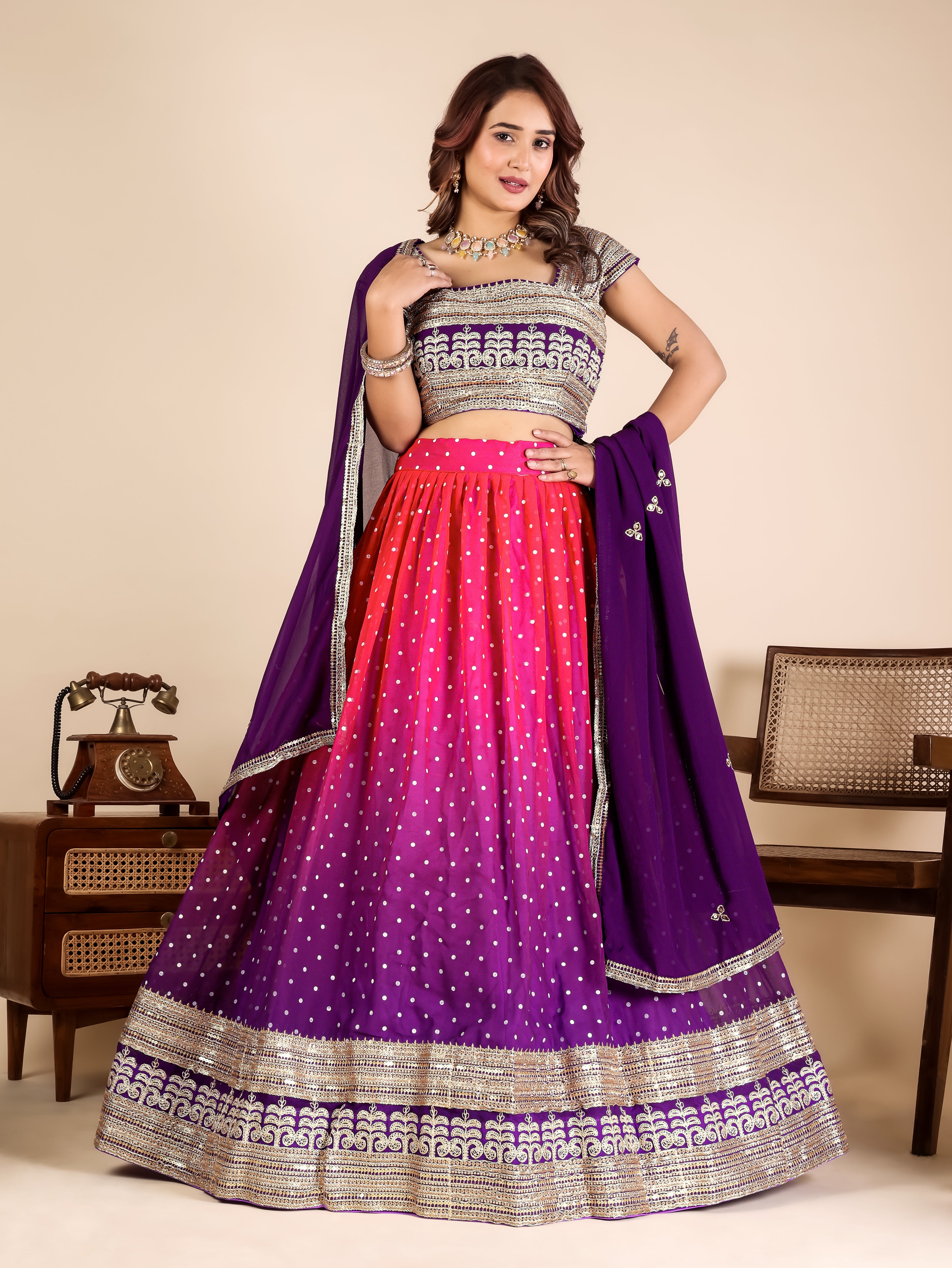 Designer Pink Purple Ombre Lehenga Choli with Sequins Embroidery