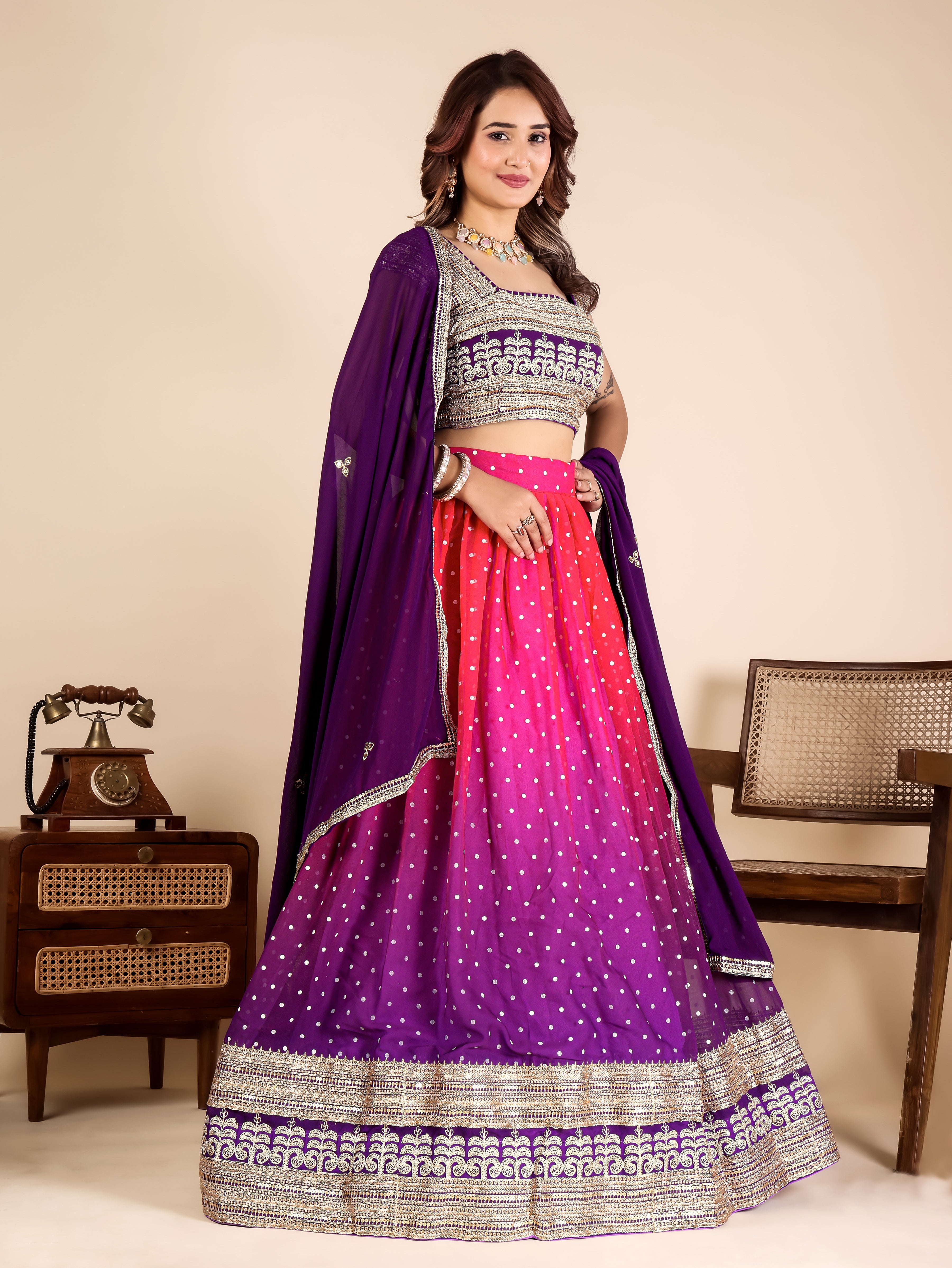 Designer Pink Purple Ombre Lehenga Choli with Sequins Embroidery