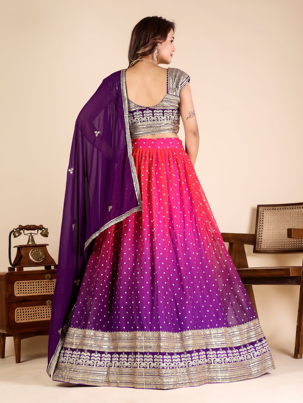 Designer Pink Purple Ombre Lehenga Choli with Sequins Embroidery