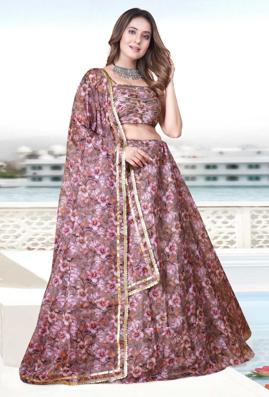 Multicolor Floral Print Organza Lehenga Choli with Dupatta | Designer Party Wear Lehenga for Women