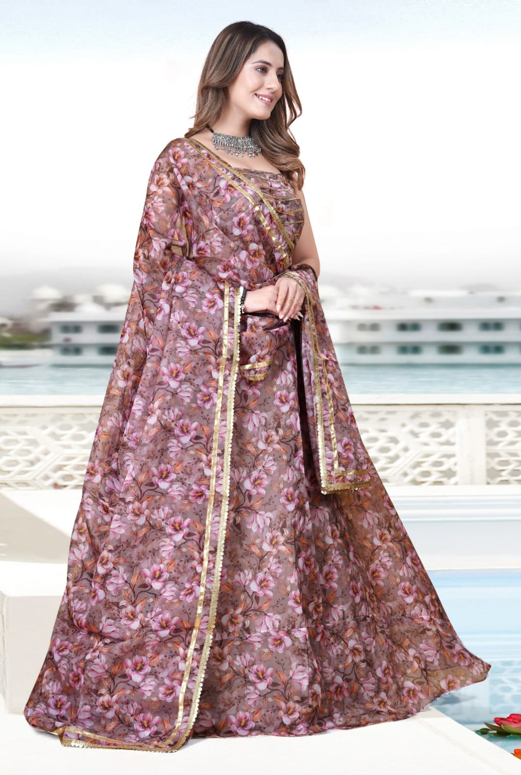 Multicolor Floral Print Organza Lehenga Choli with Dupatta | Designer Party Wear Lehenga for Women