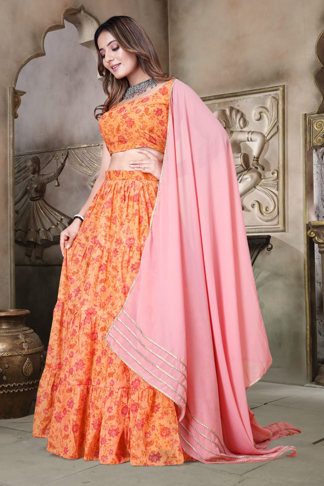 Digital Print Organza Lehenga Choli with Peach Gota Patti Dupatta for Women