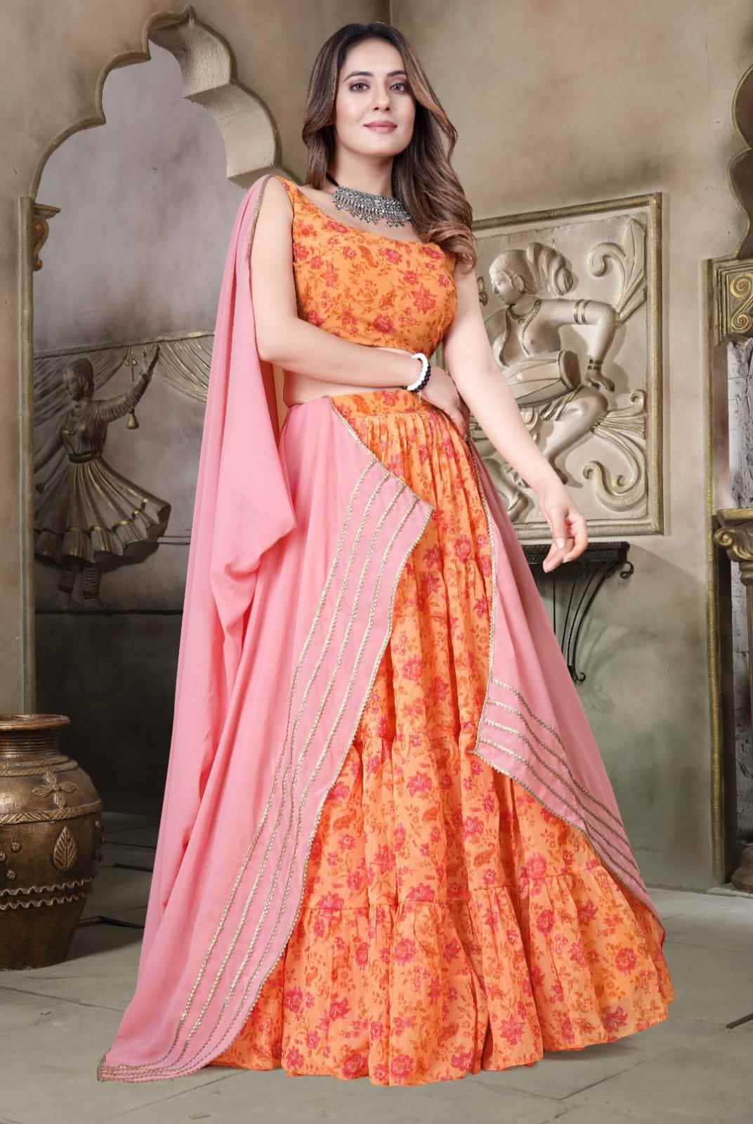 Digital Print Organza Lehenga Choli with Peach Gota Patti Dupatta for Women