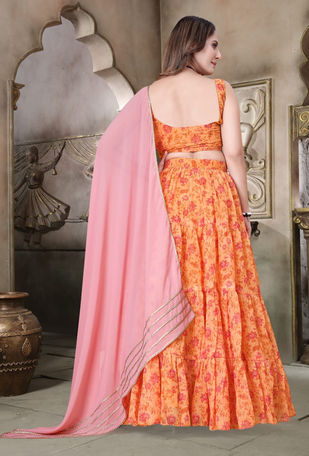 Digital Print Organza Lehenga Choli with Peach Gota Patti Dupatta for Women