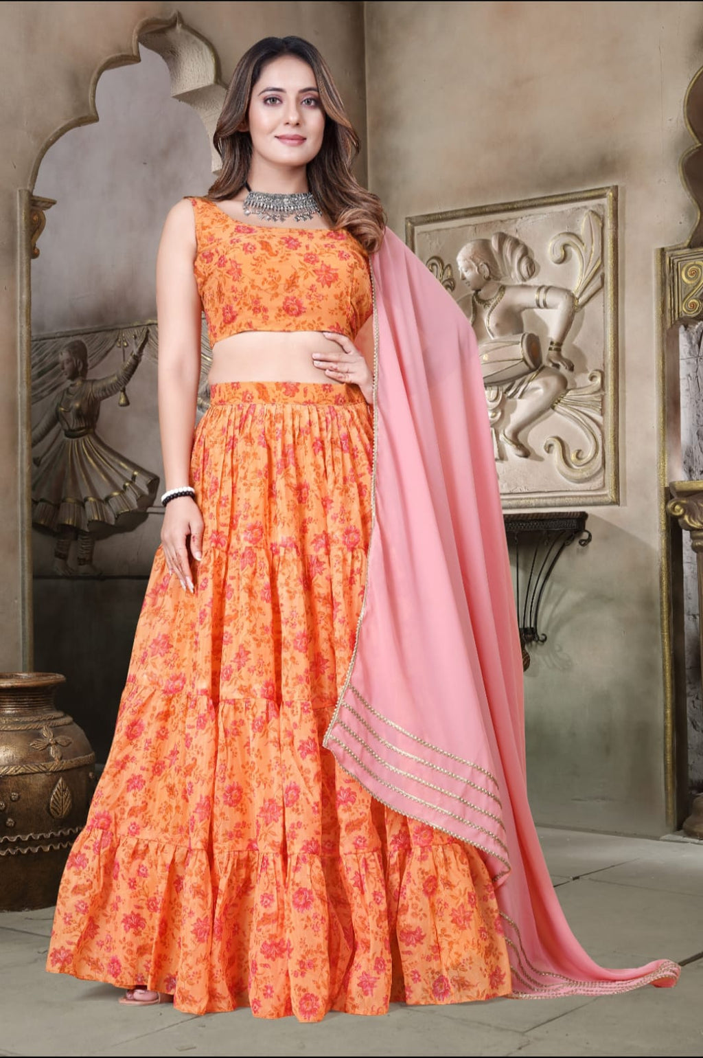 Digital Print Organza Lehenga Choli with Peach Gota Patti Dupatta for Women